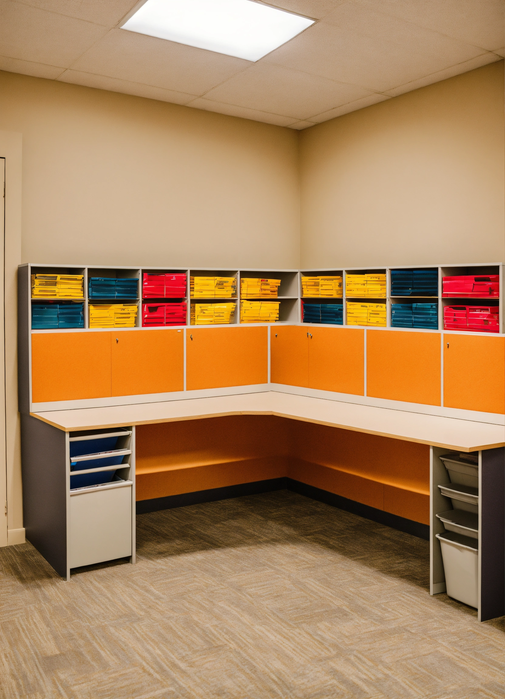 Lexica - Teacher work room with triangular shaped cubbies with mail in them