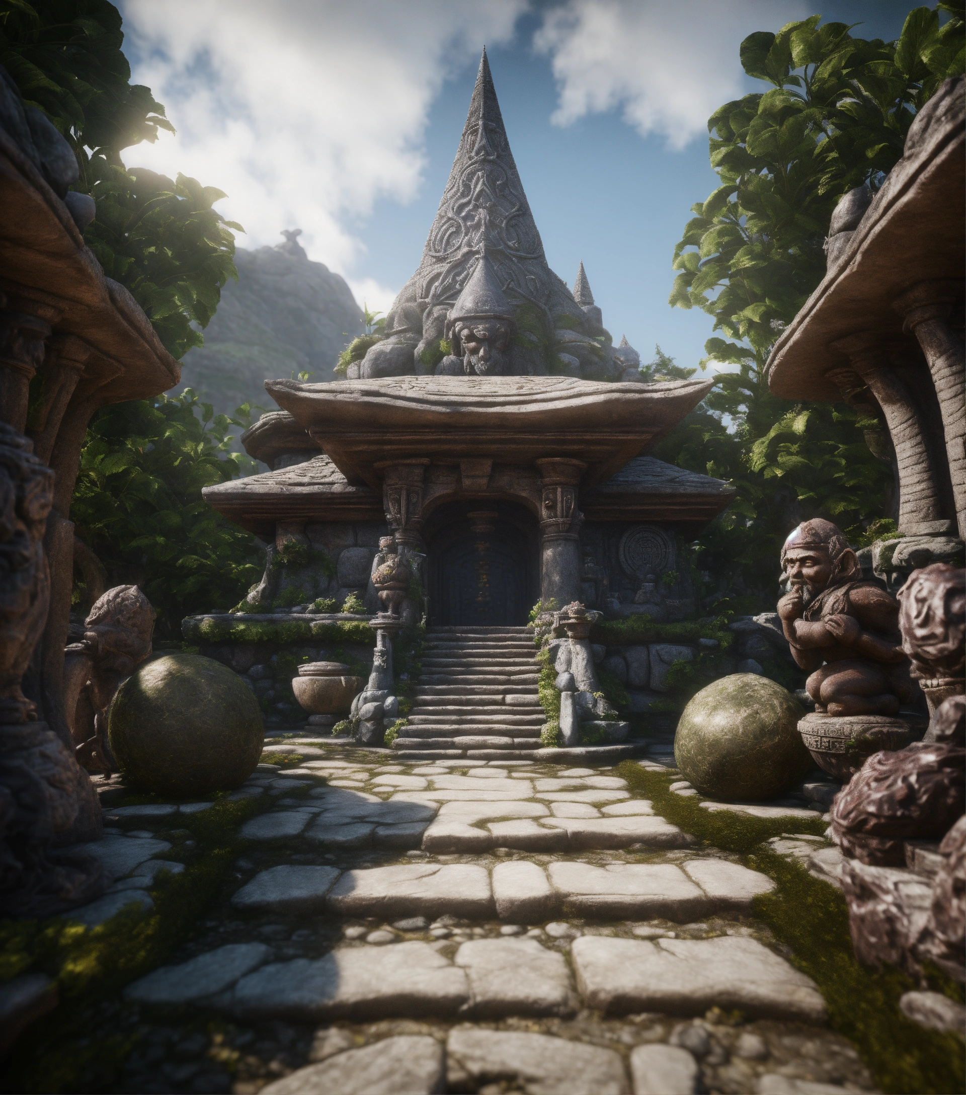 Lexica - A spiritual gnomes stone temple garden.sculptured . Style of alex  grey,giger.unreal engine