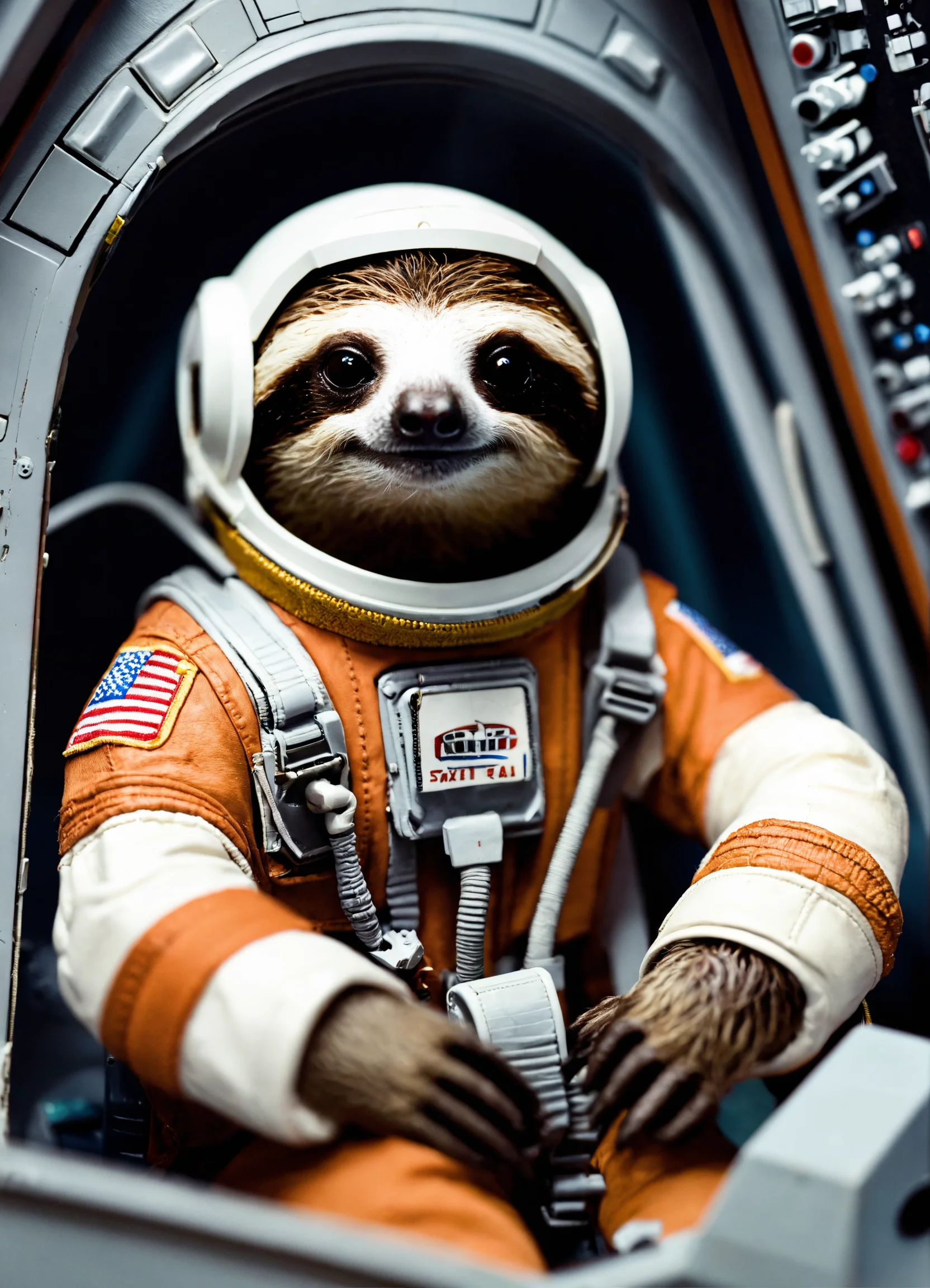 Lexica - A cute and tiny sloth captain inside the Space Shuttle's ...