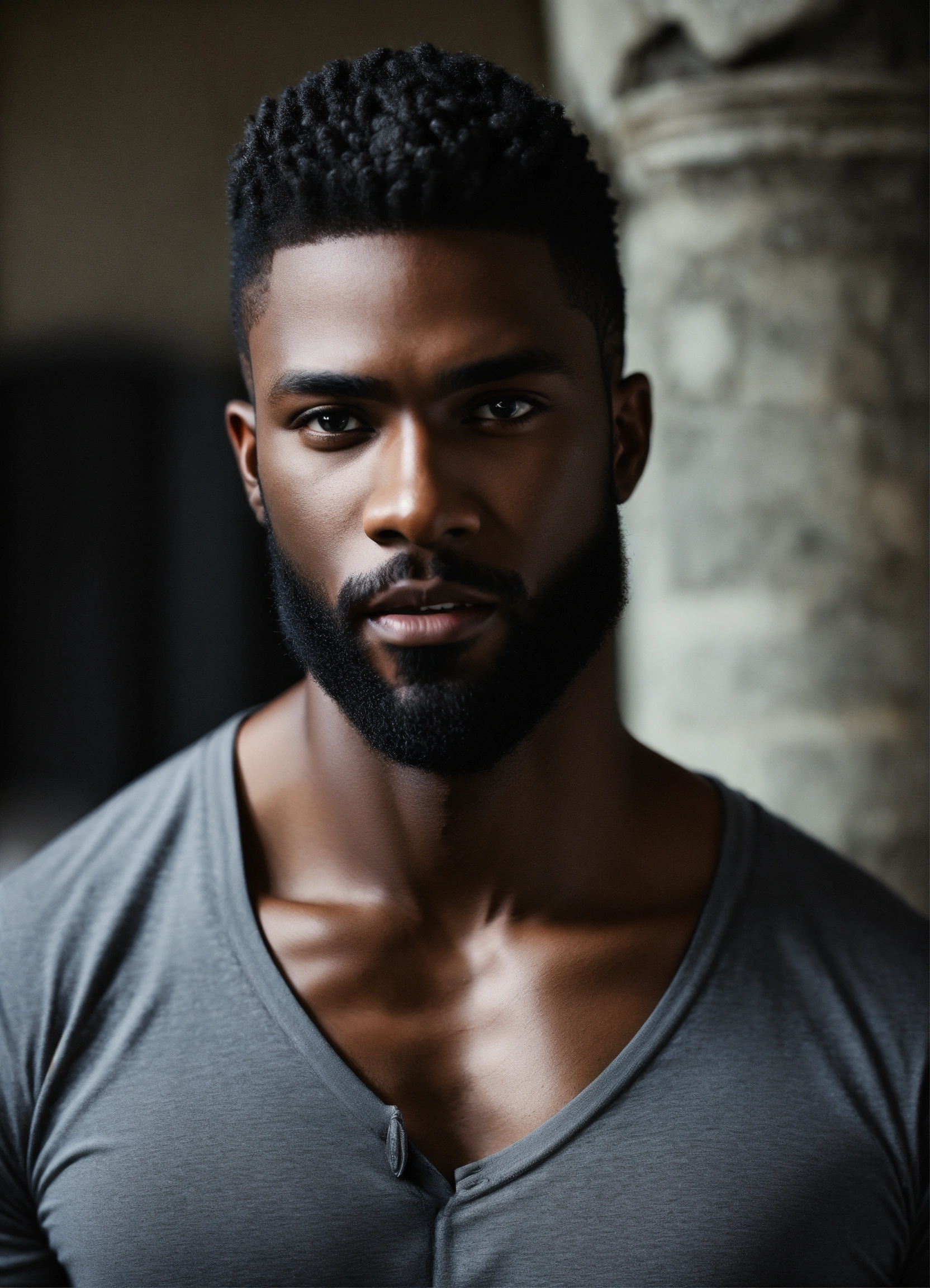 Lexica - Handsome black male, dark skin, , beard, vampire, black Henley,