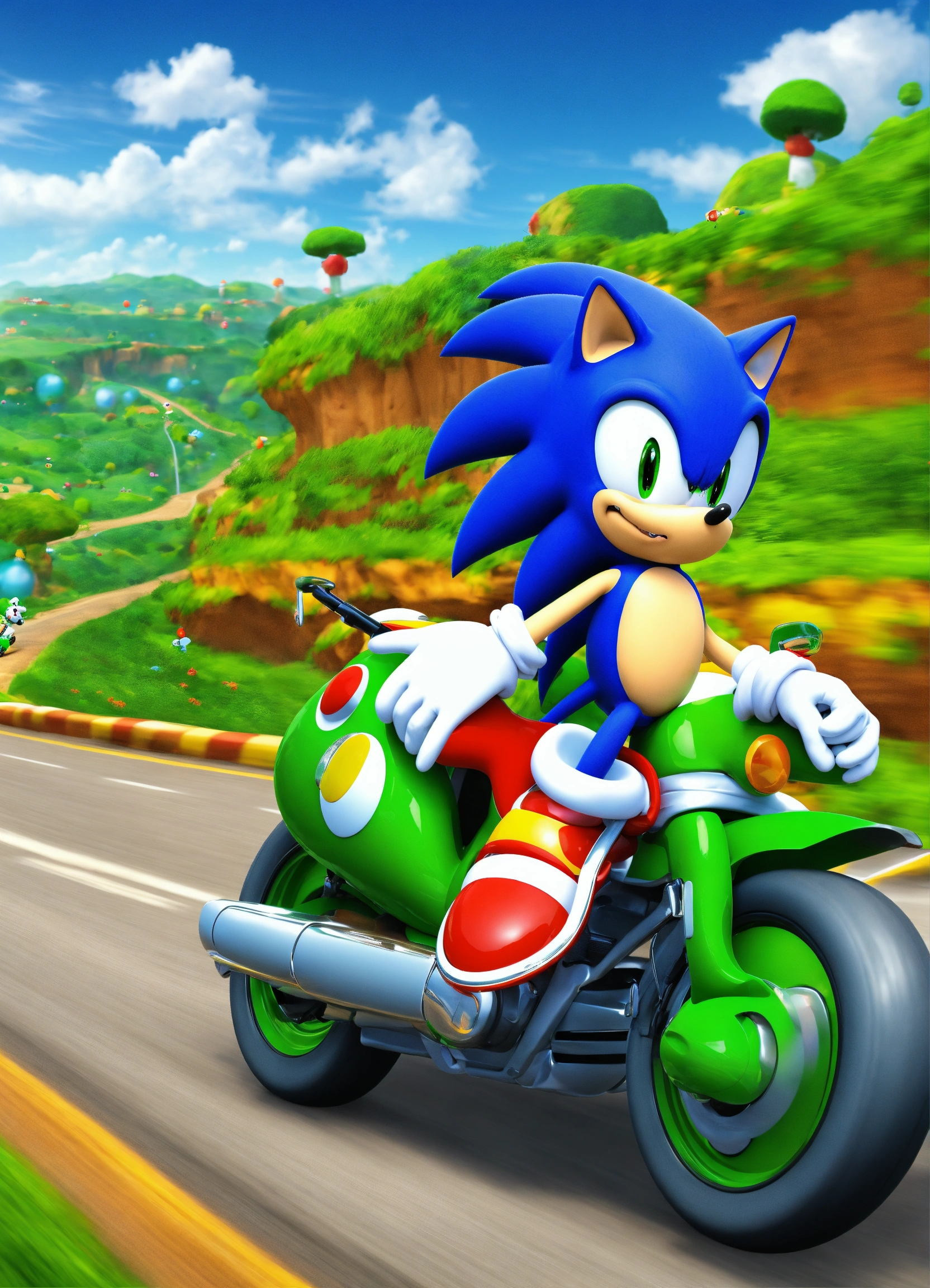 Lexica - Sonic riding on Yoshi with road background