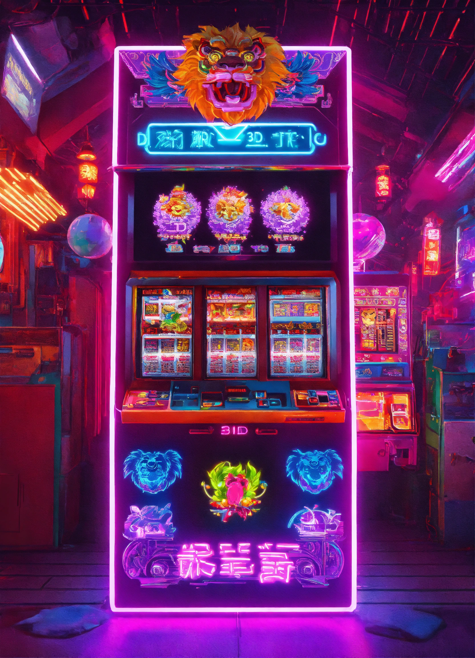 Lexica - 3D lion dance slot machine neon-filled with lavender cyberpunk ...