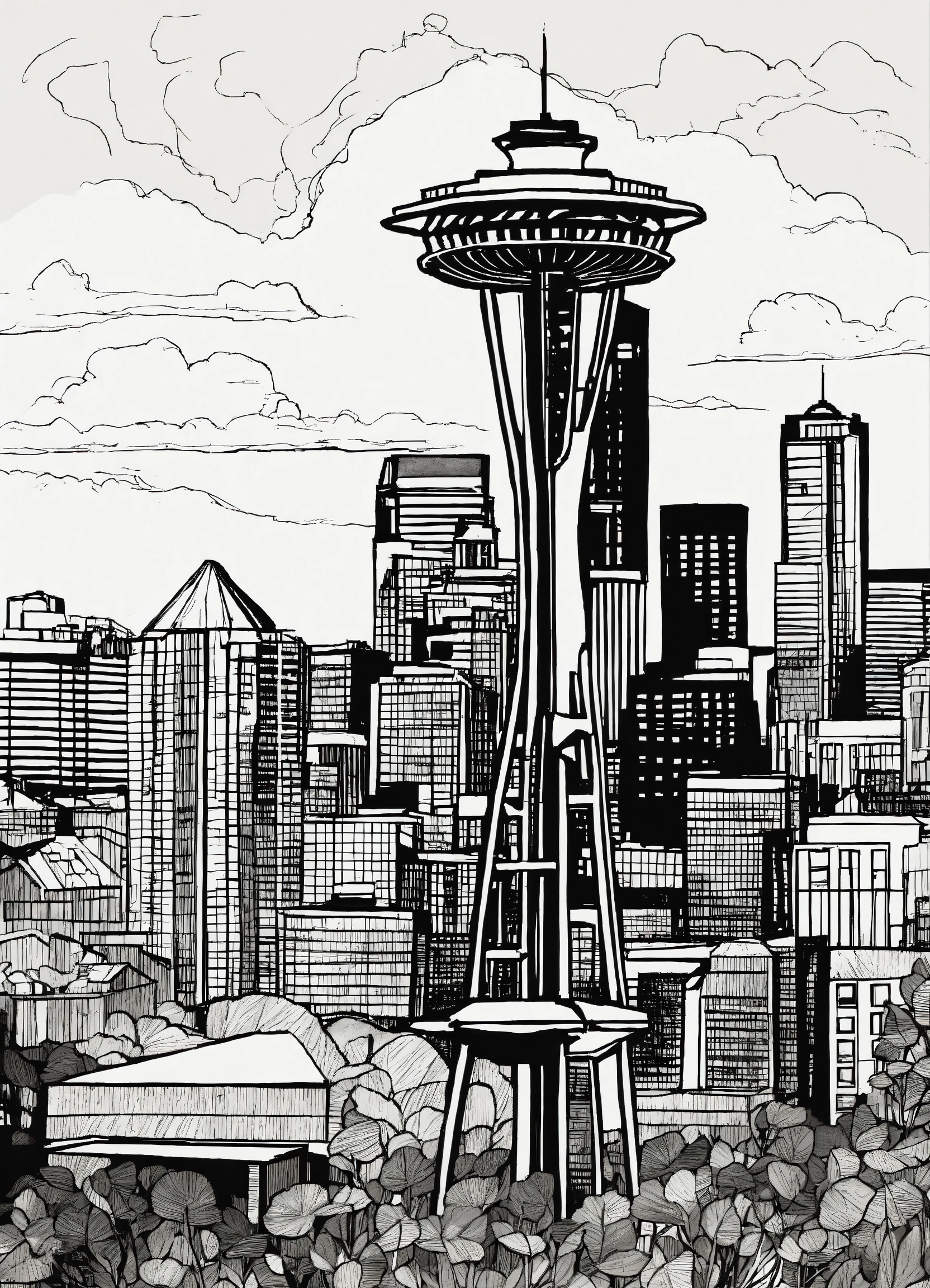 Lexica - Beautiful pen and ink sketch of seattle, minimalist