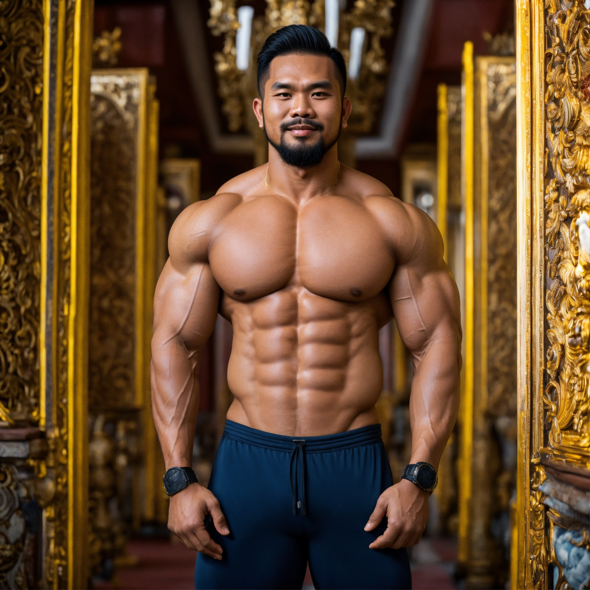 Lexica - 30-year-old hairy Indonesian man with big muscles, big  bodybuilder, body like a wrestler, in a beautiful palace