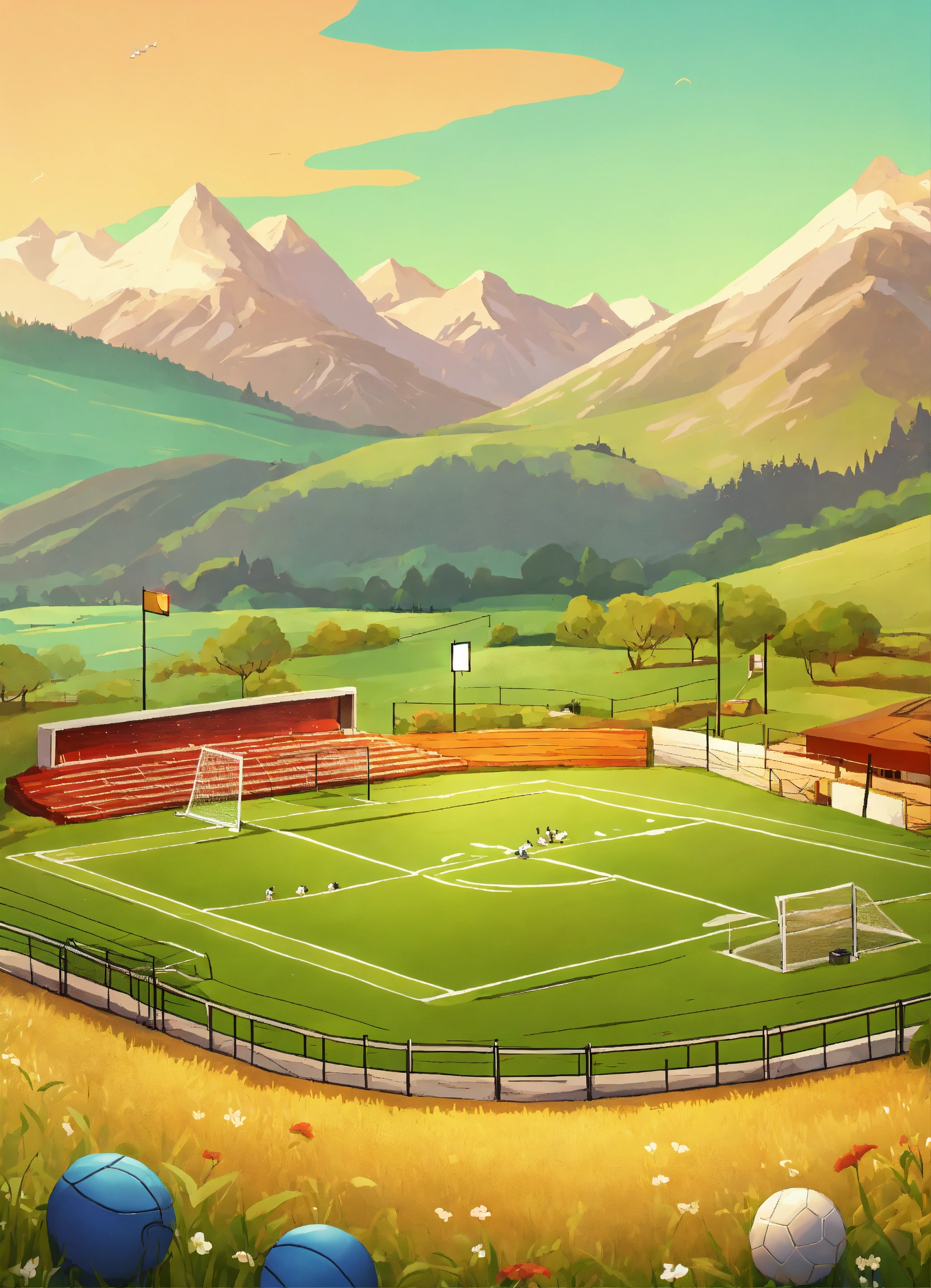 Lexica - Sports field, countryside, cartoon, mountains at the background