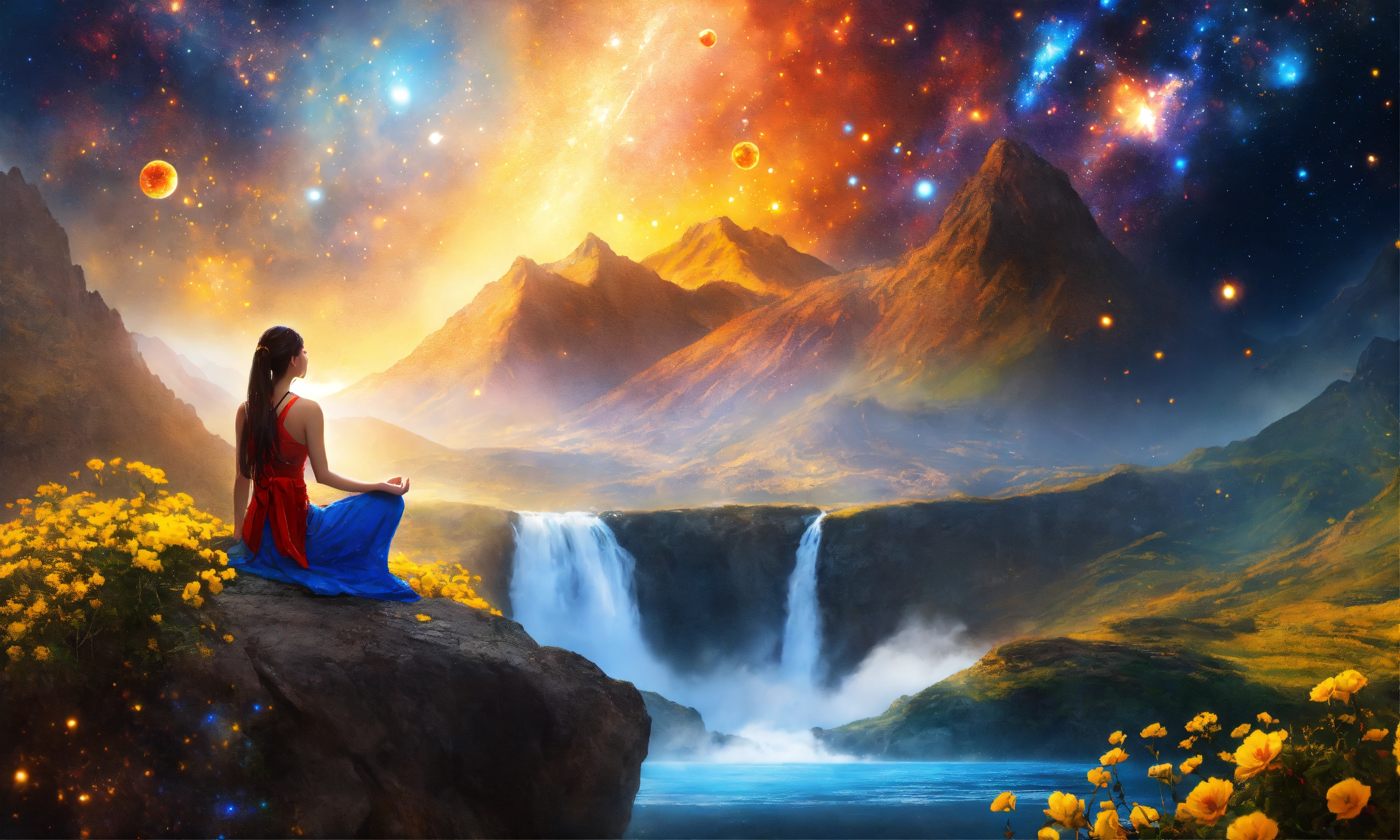 Lexica - Beautiful woman in Meditation posture, mountain, waterfall ...
