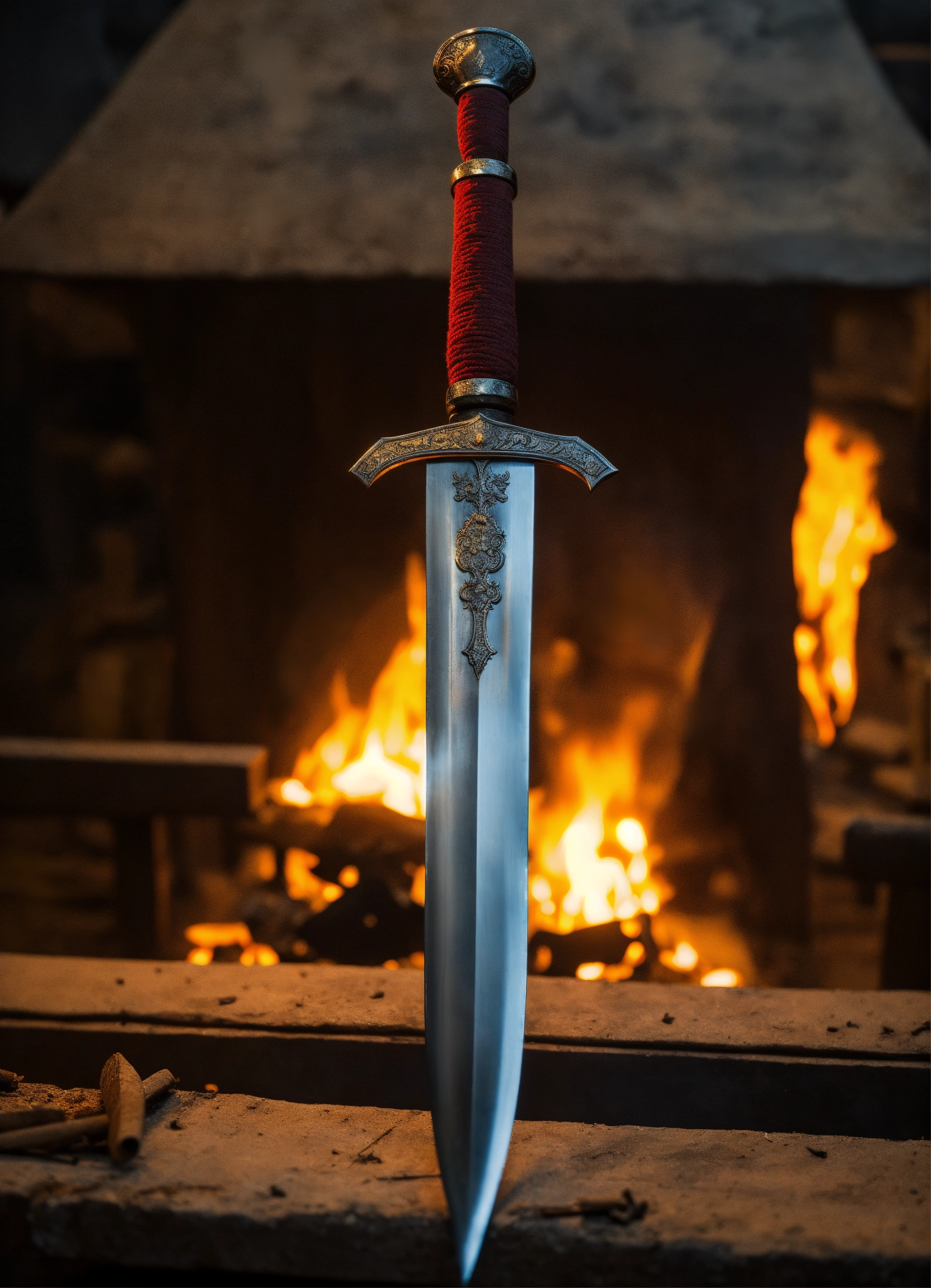 Lexica - A longsword, placed in front of a blacksmith forge with fire ...