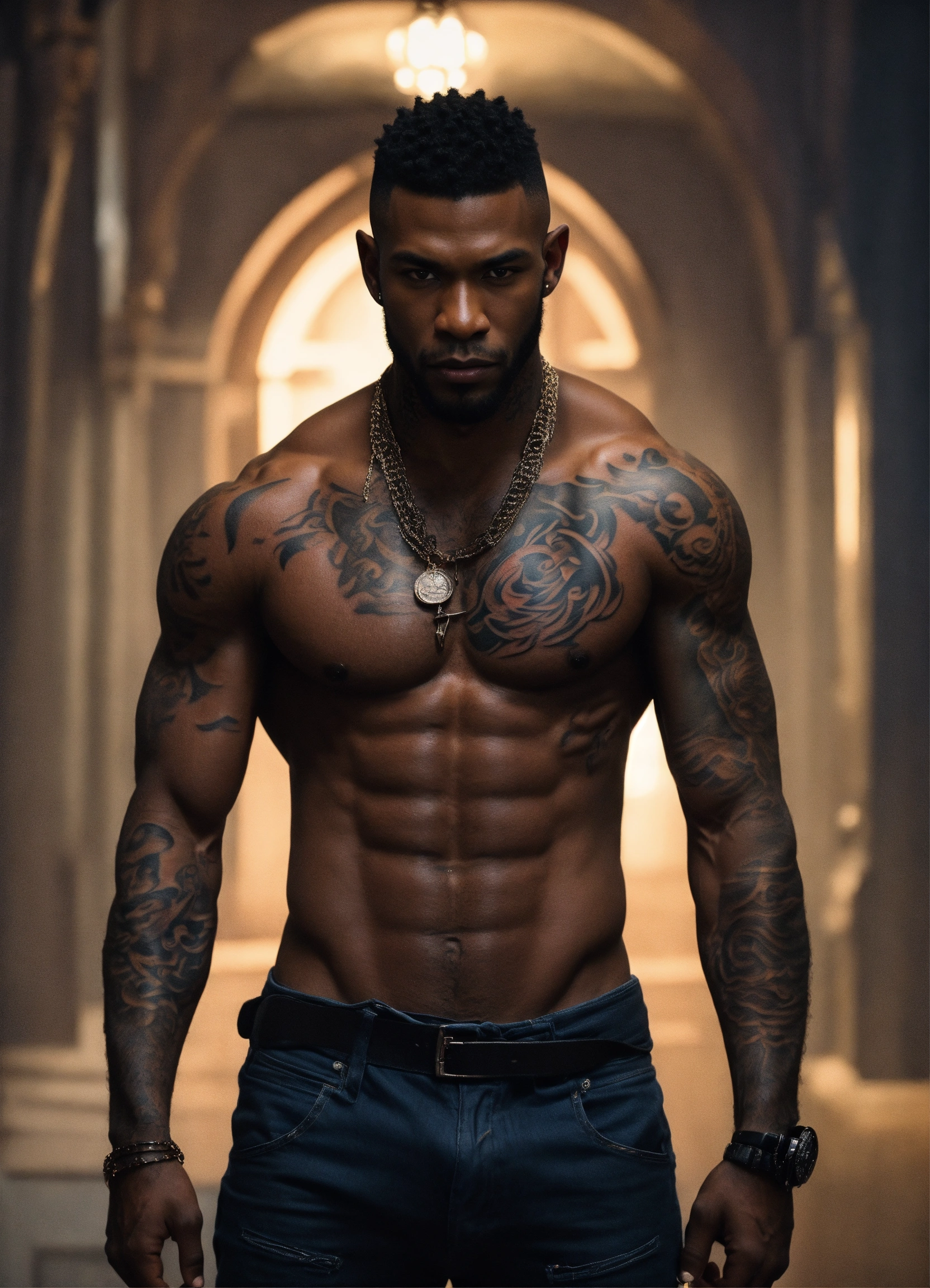 Lexica - Handsome black male, werewolf, pointy ears, tattoos chest and arms