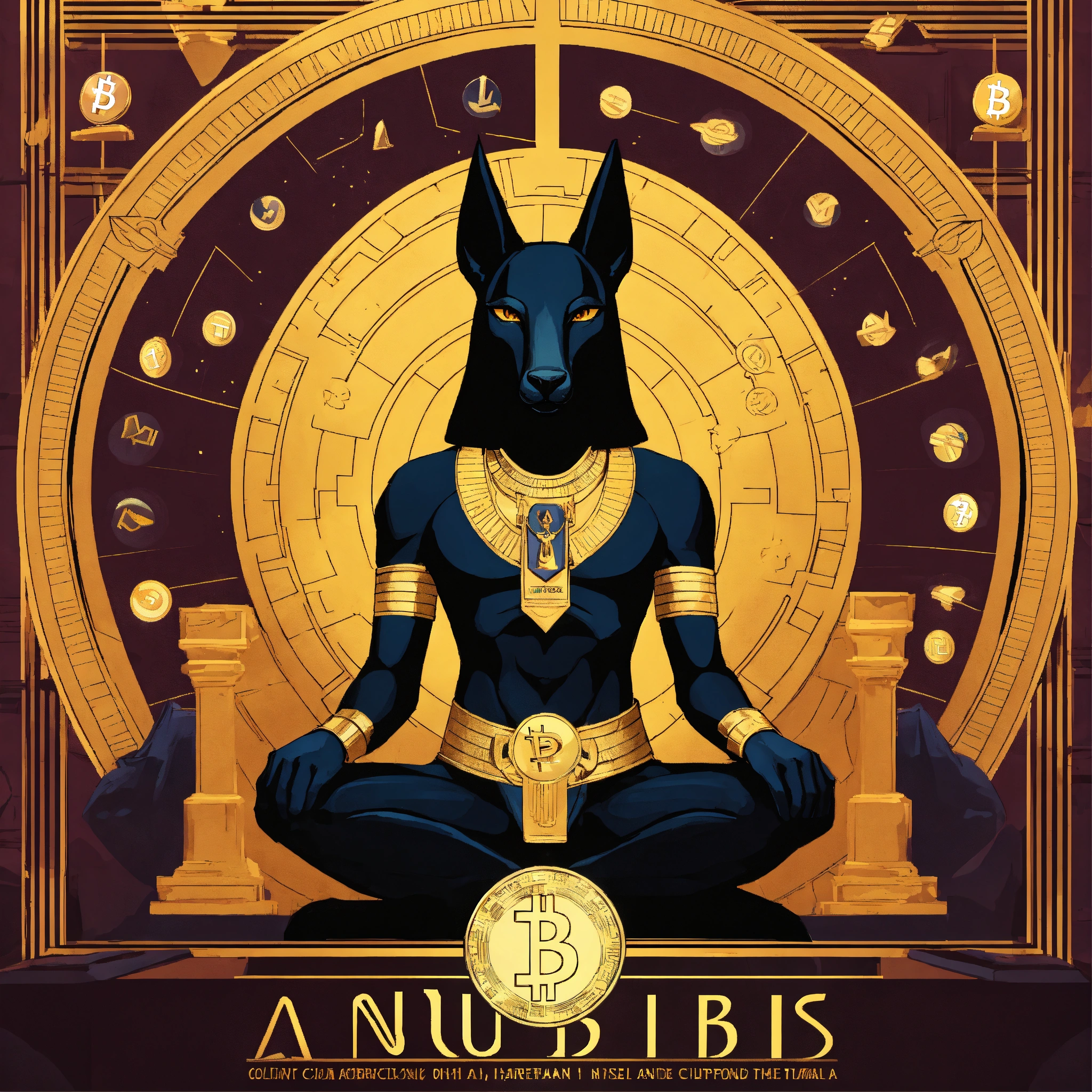 Lexica - Advertising poster of Anubis, surrounded by cryptocurrency