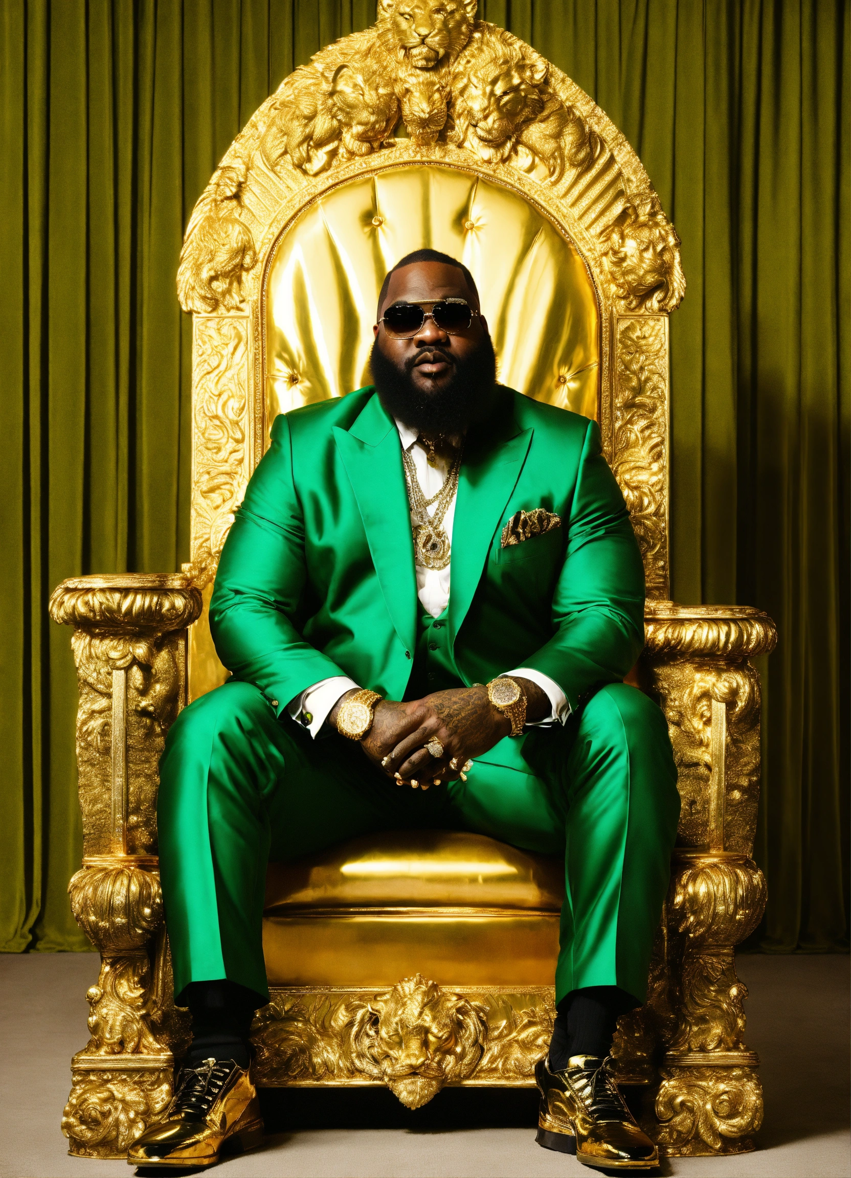 Lexica - Add the face of rap artist Rick Ross, in a green suit, sitting ...