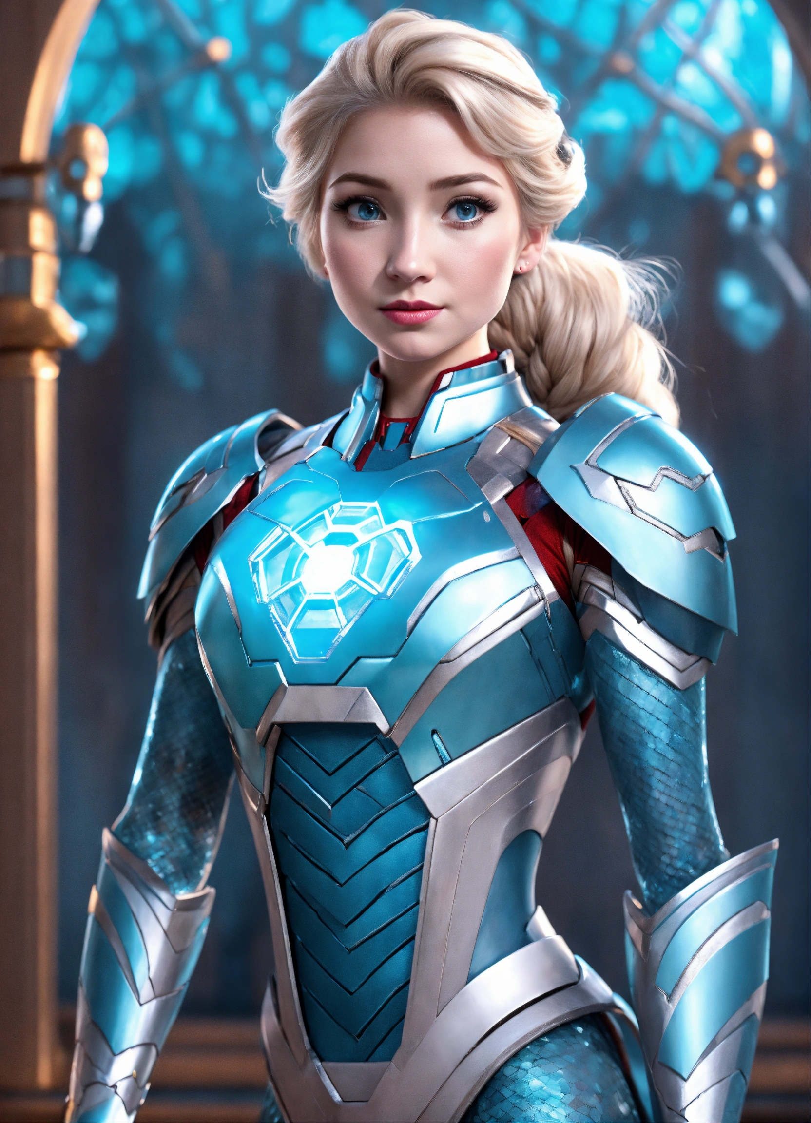 Lexica - Athletic female Elsa Frozen wearing metal ice blue Iron Man ...