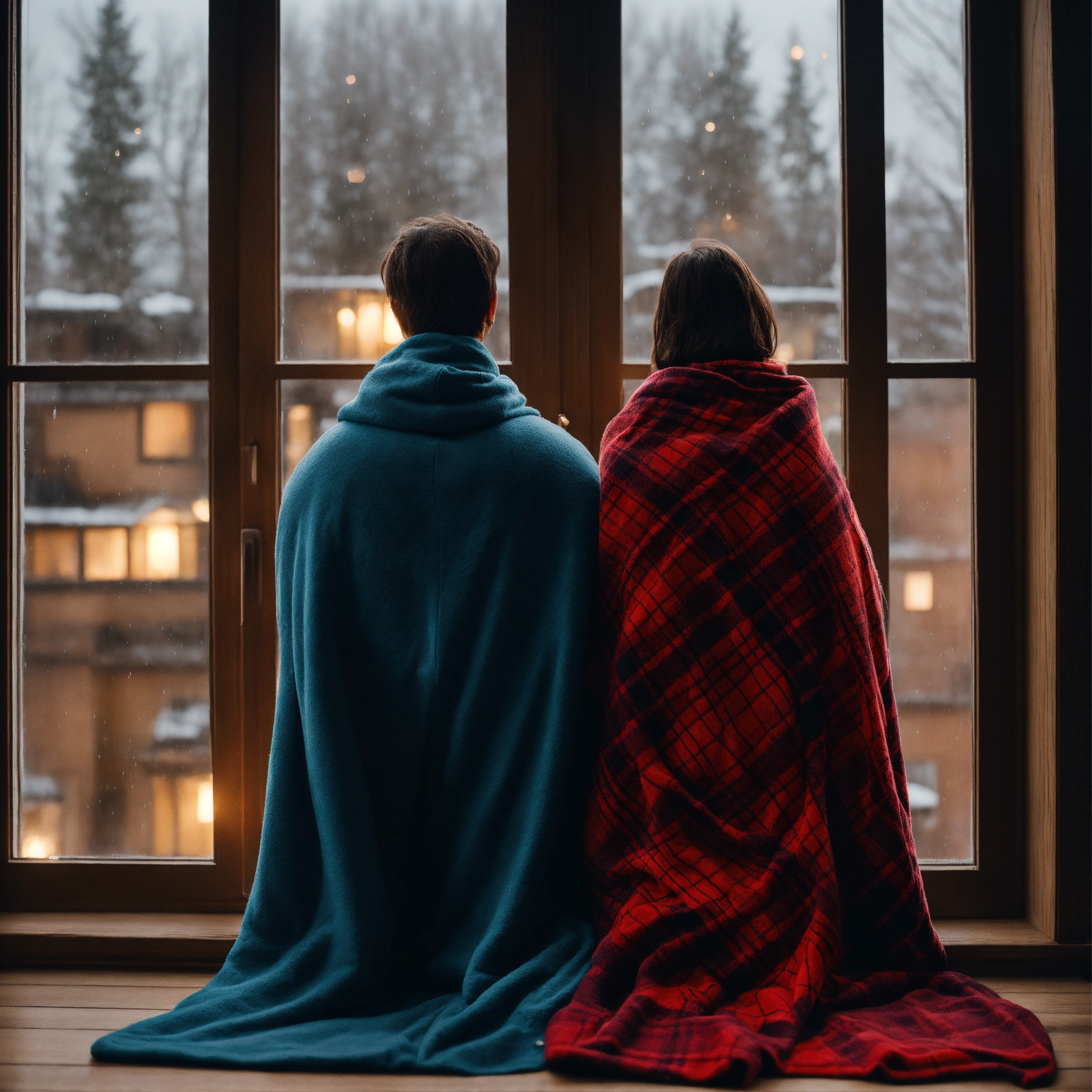 Lexica - Rear view of couple wrapped in blanket looking out window ...