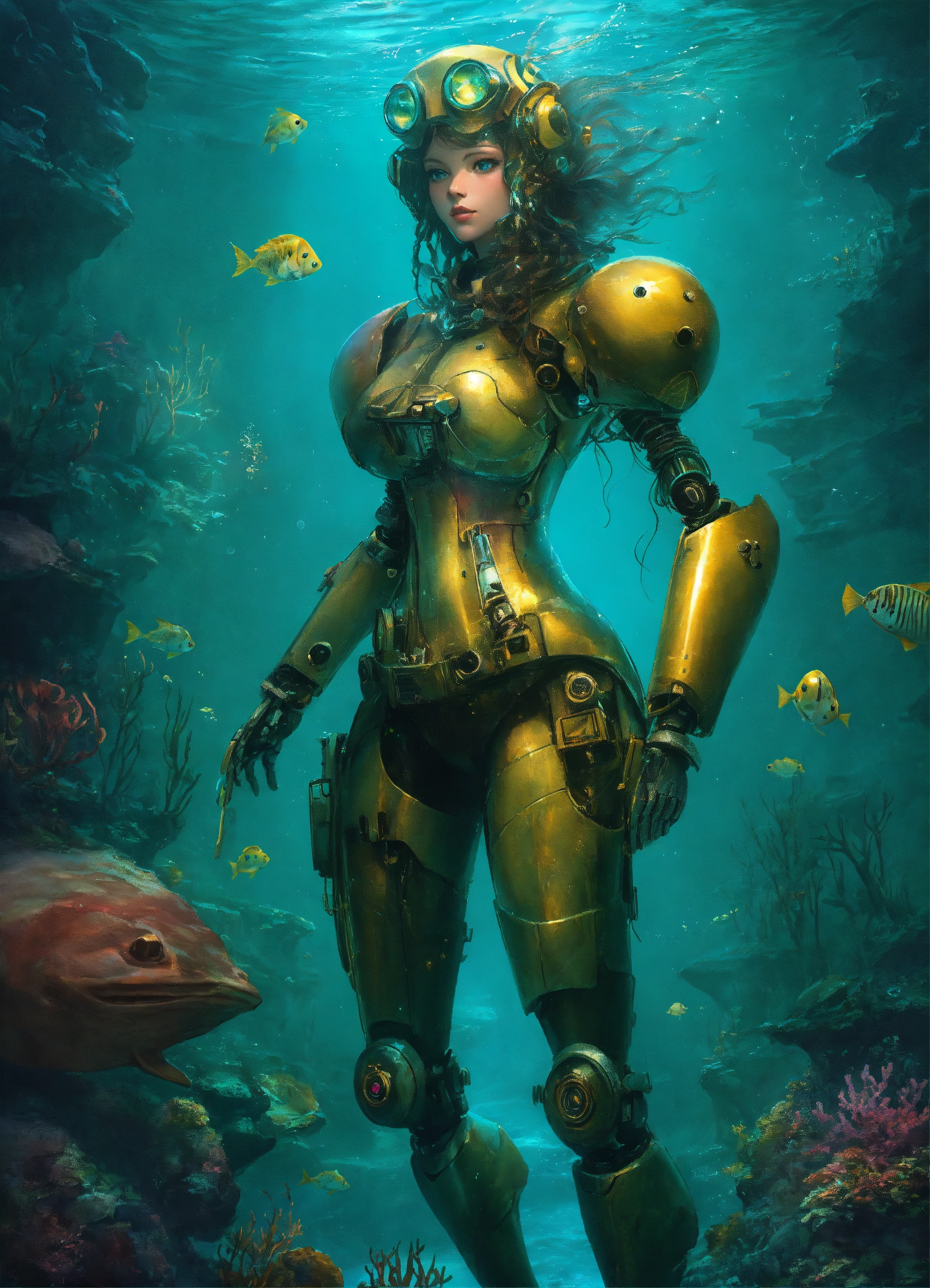 Lexica - A robot mermaid in the bottom of the sea, dark light , whit a ...
