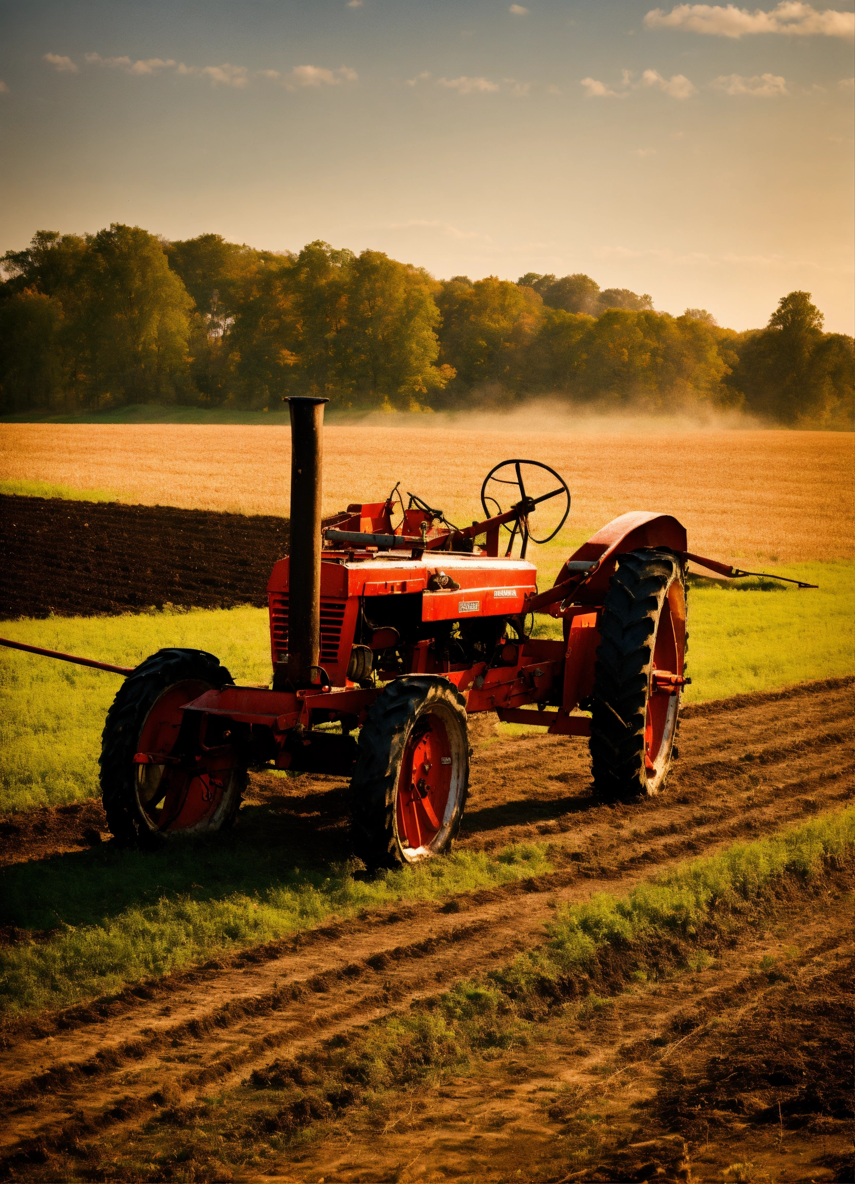 Lexica - A rooster in front of a plow machine in a field