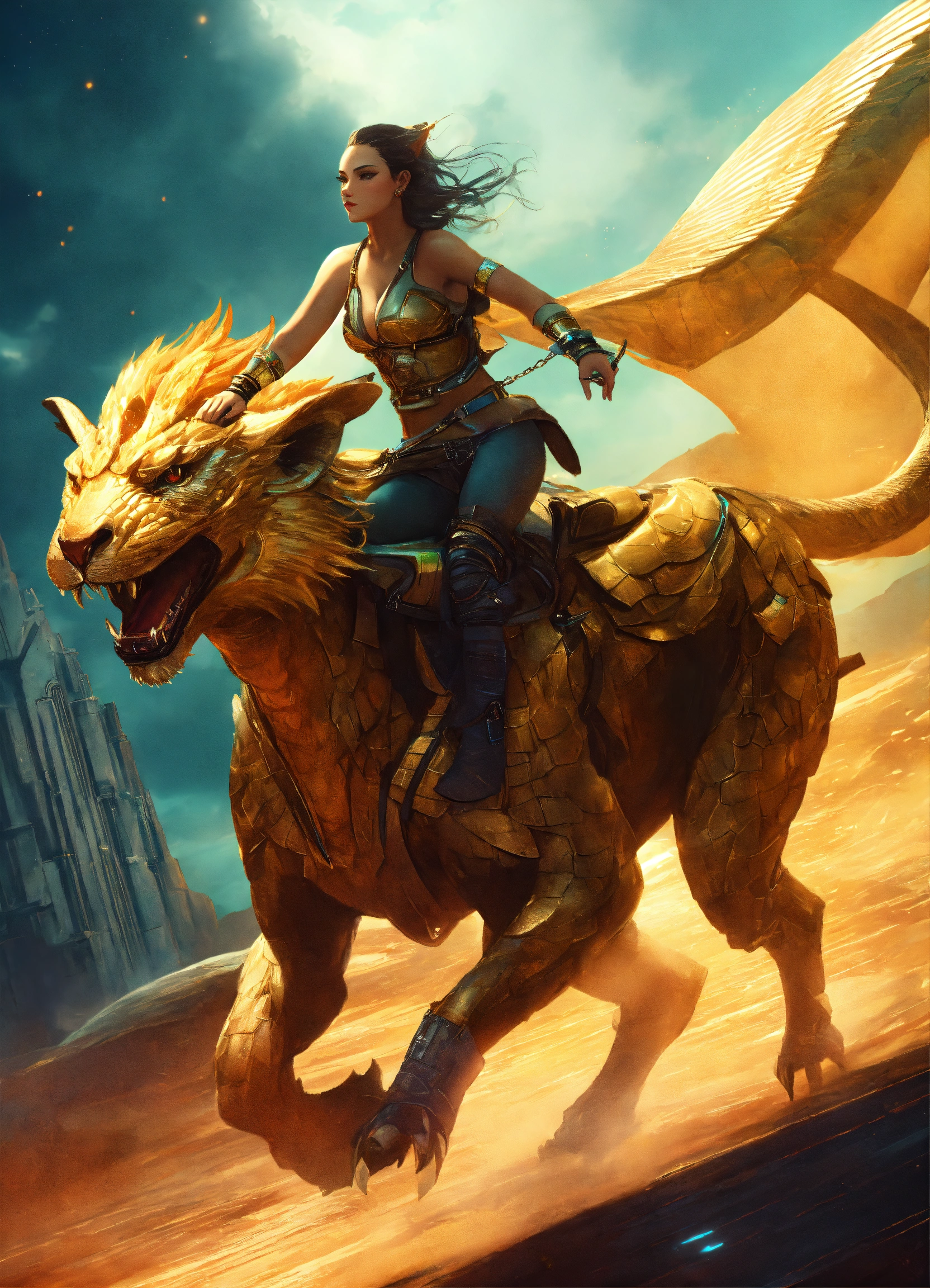 Lexica - Beautiful ungandan woman riding a chimera. futuristic ...