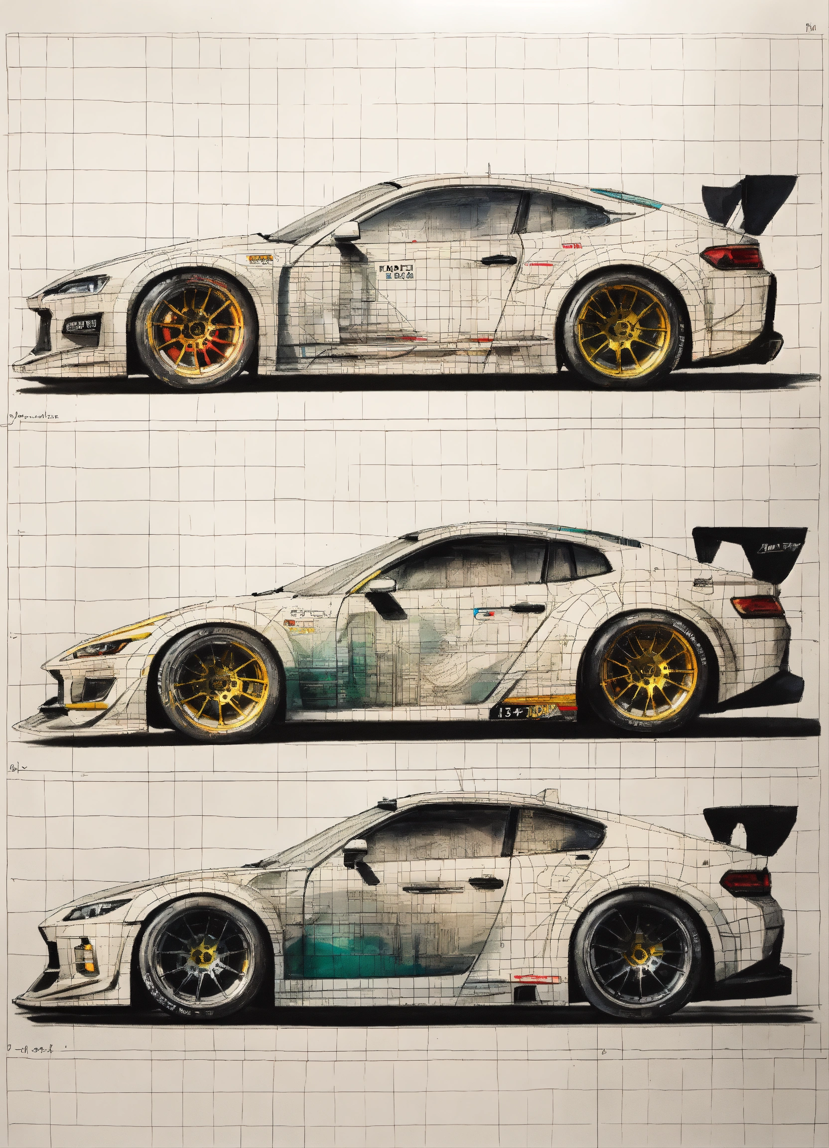 Lexica - Vehicle design technical drawing, on white grid paper fading ...