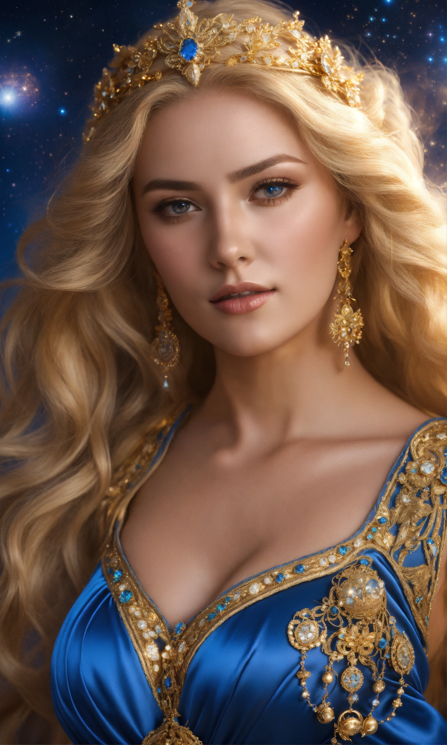 Lexica - Closeup Photorealistic plump robust goddess in blue-and-gold ...