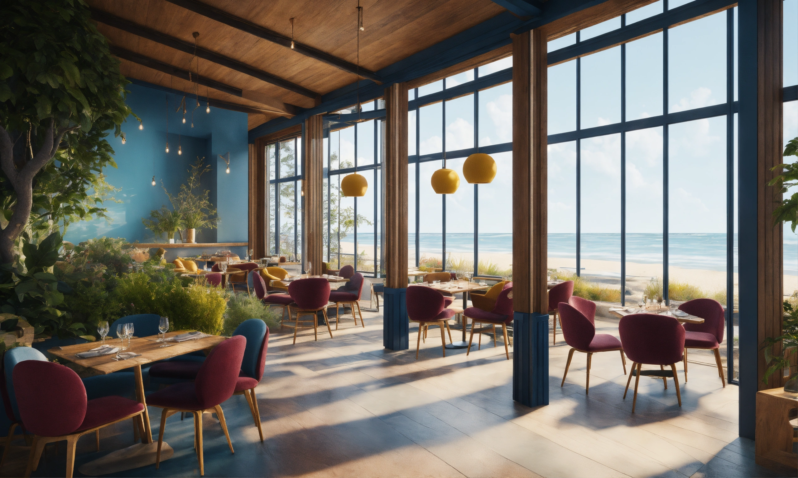 Lexica - A beachside bistro with blue chairs in large windows, in the ...