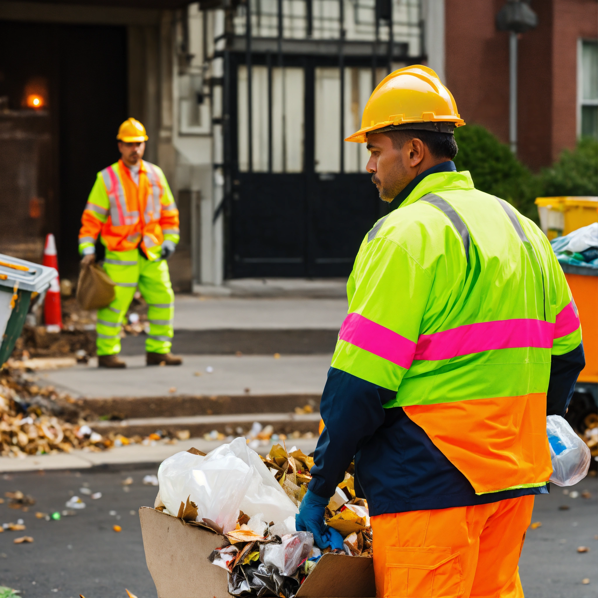 Lexica - Stock images of garbage men doing their job in high-visibility ...