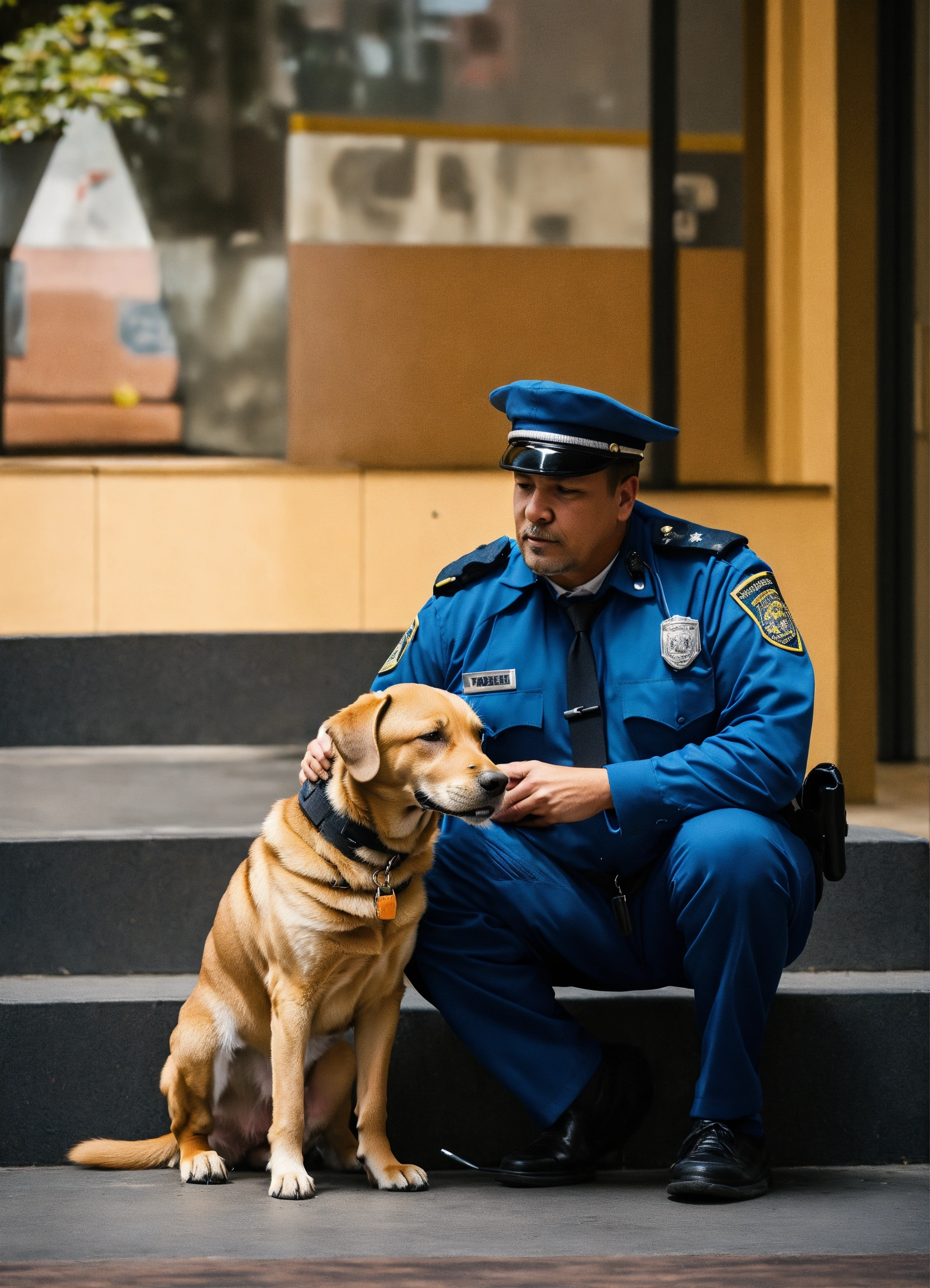 Lexica - A dog in a security guard's cap cuddles with a robber