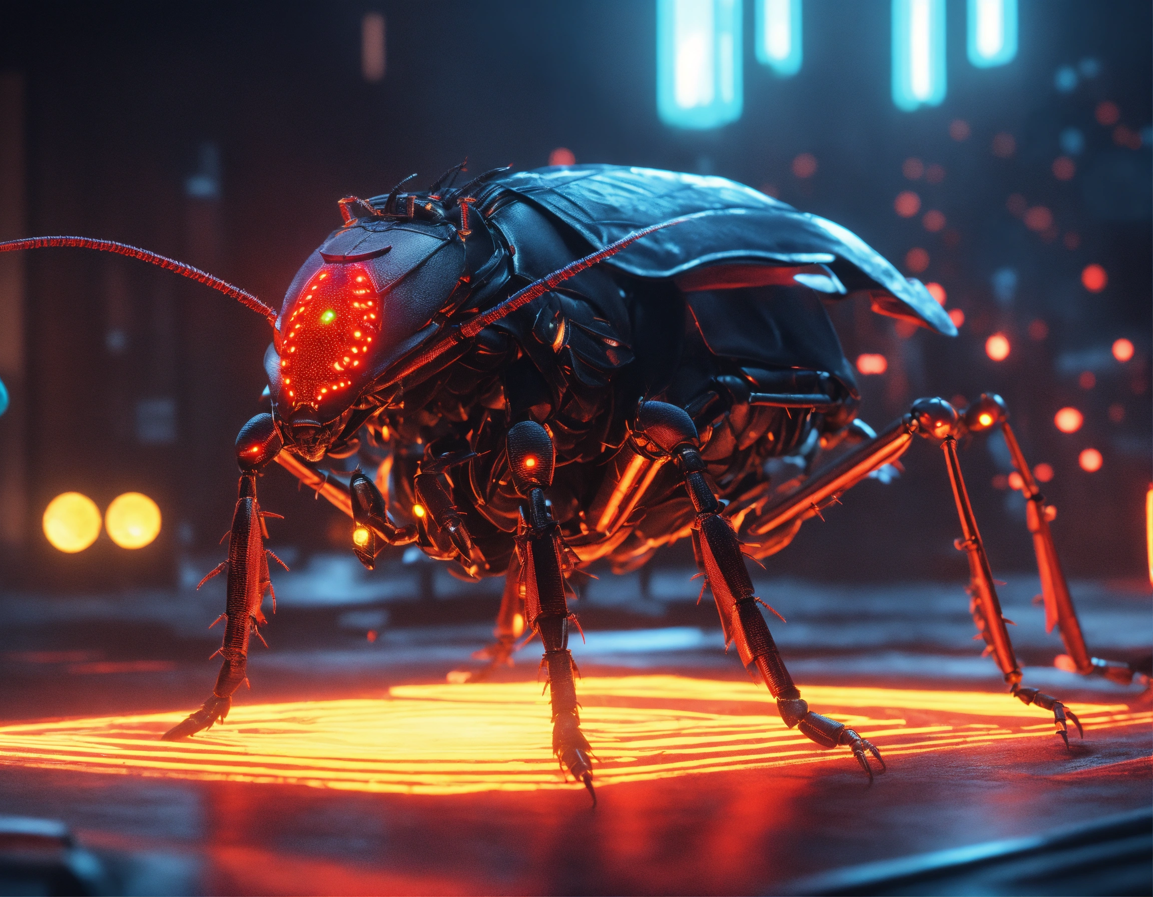 Lexica - Zoom out scene of 4 leg standing black cockroach faced ...