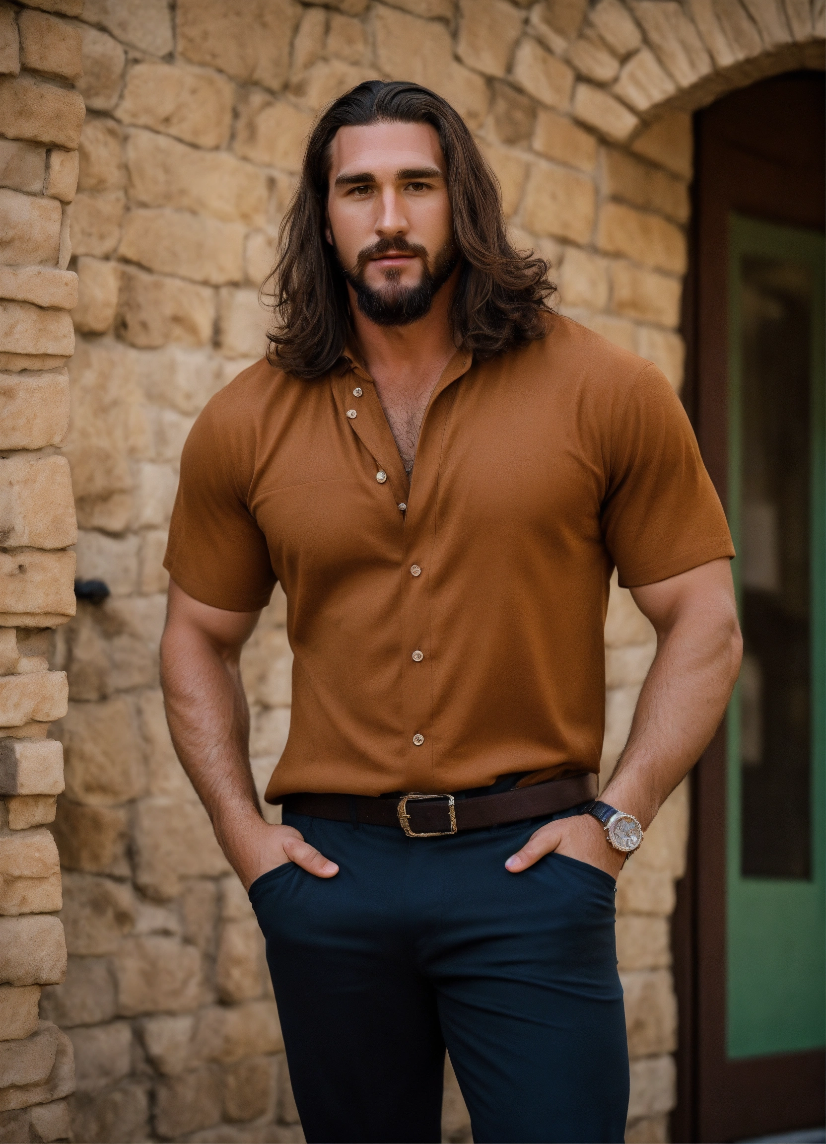 Lexica - A handsome man in his 40s, with long hair and no beard, with dark  skin and dark hair. He has sloppy clothes and v shape body. He looks like  ...