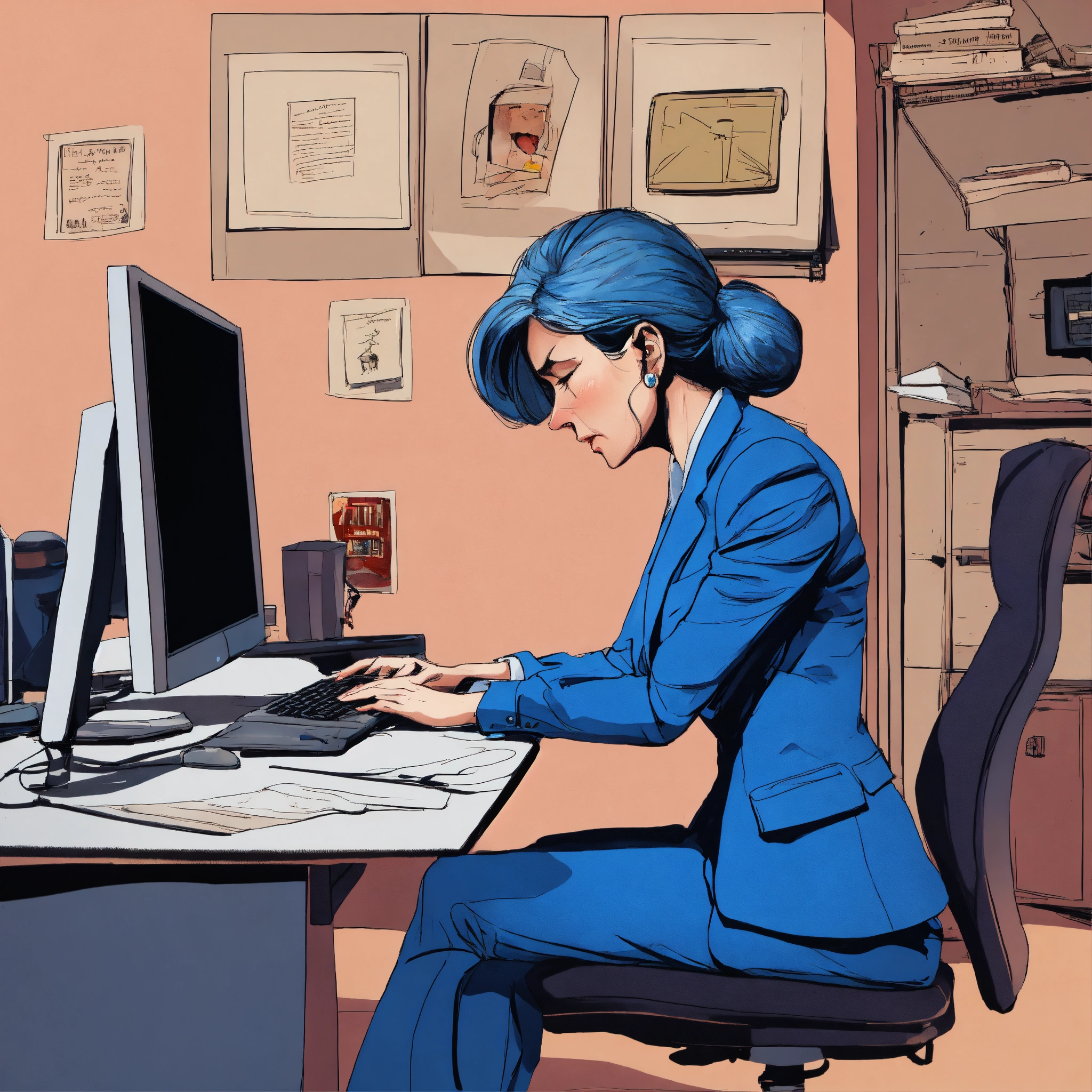 Lexica - Caricature, cartoon, exaggeration, tired woman in blue suit at ...