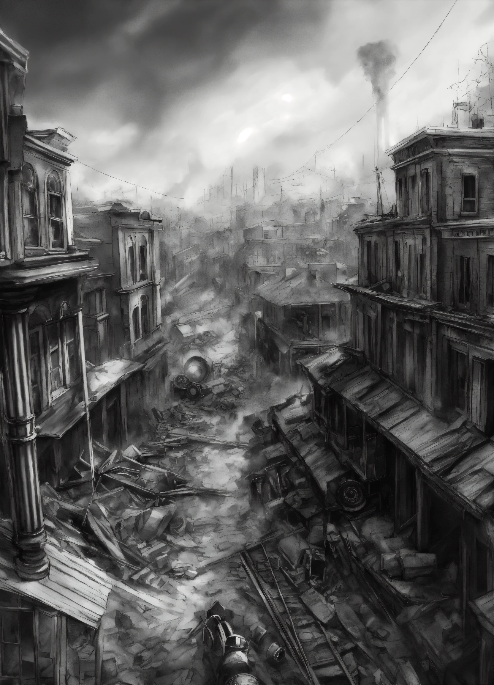 Lexica - A sketch in greyscale of a scene from above of a steampunk ...