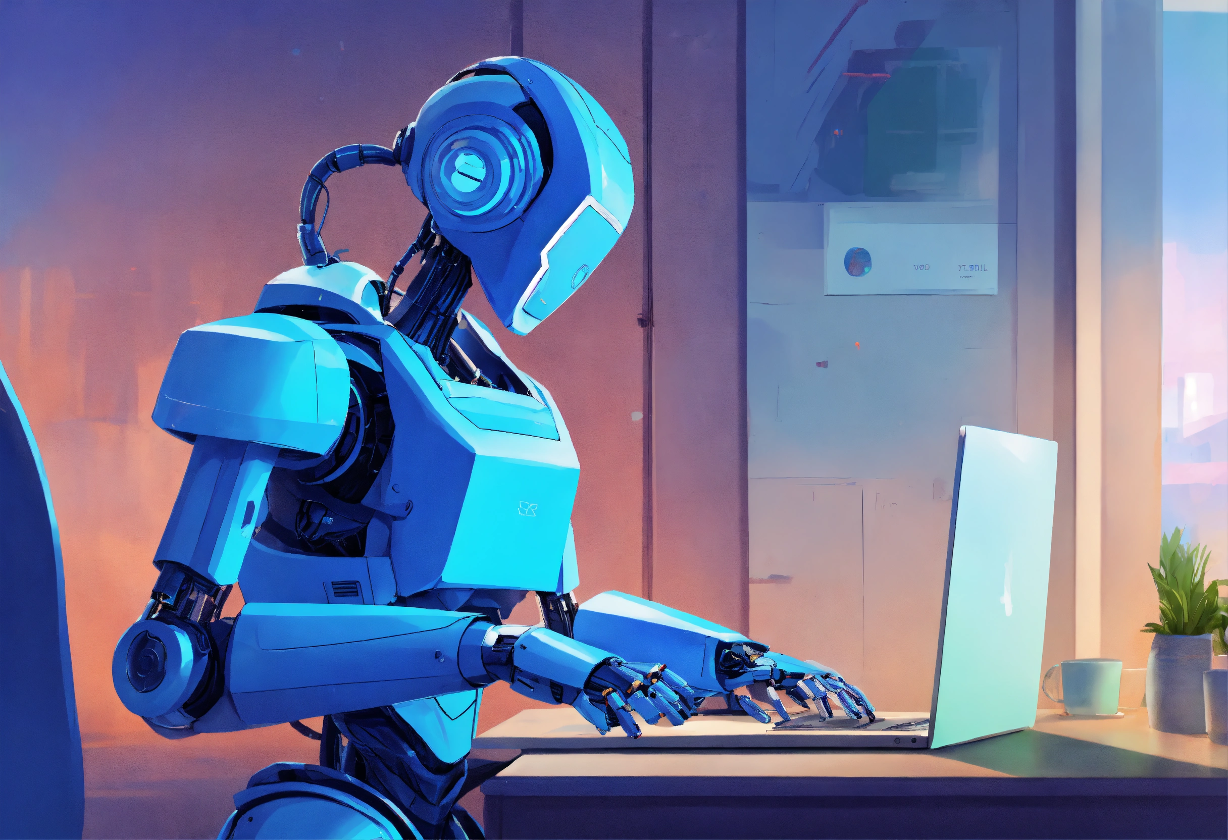Lexica - Humanoid bot helping the sales process, blue palette