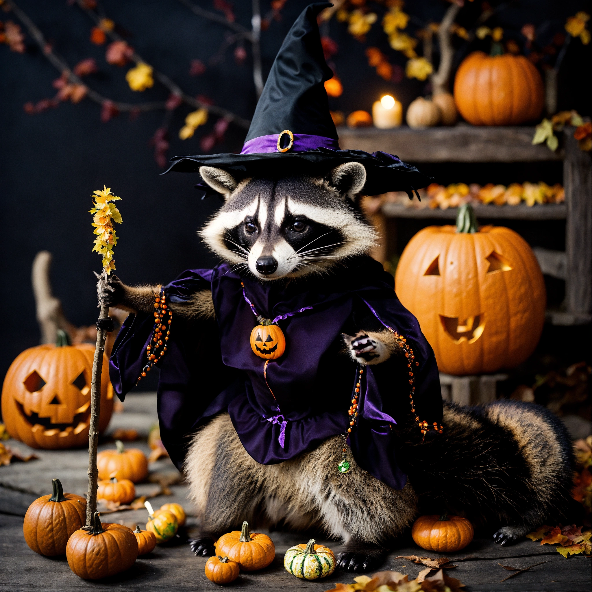 Lexica - A photograph of a raccoon celebrating Halloween in a witch ...