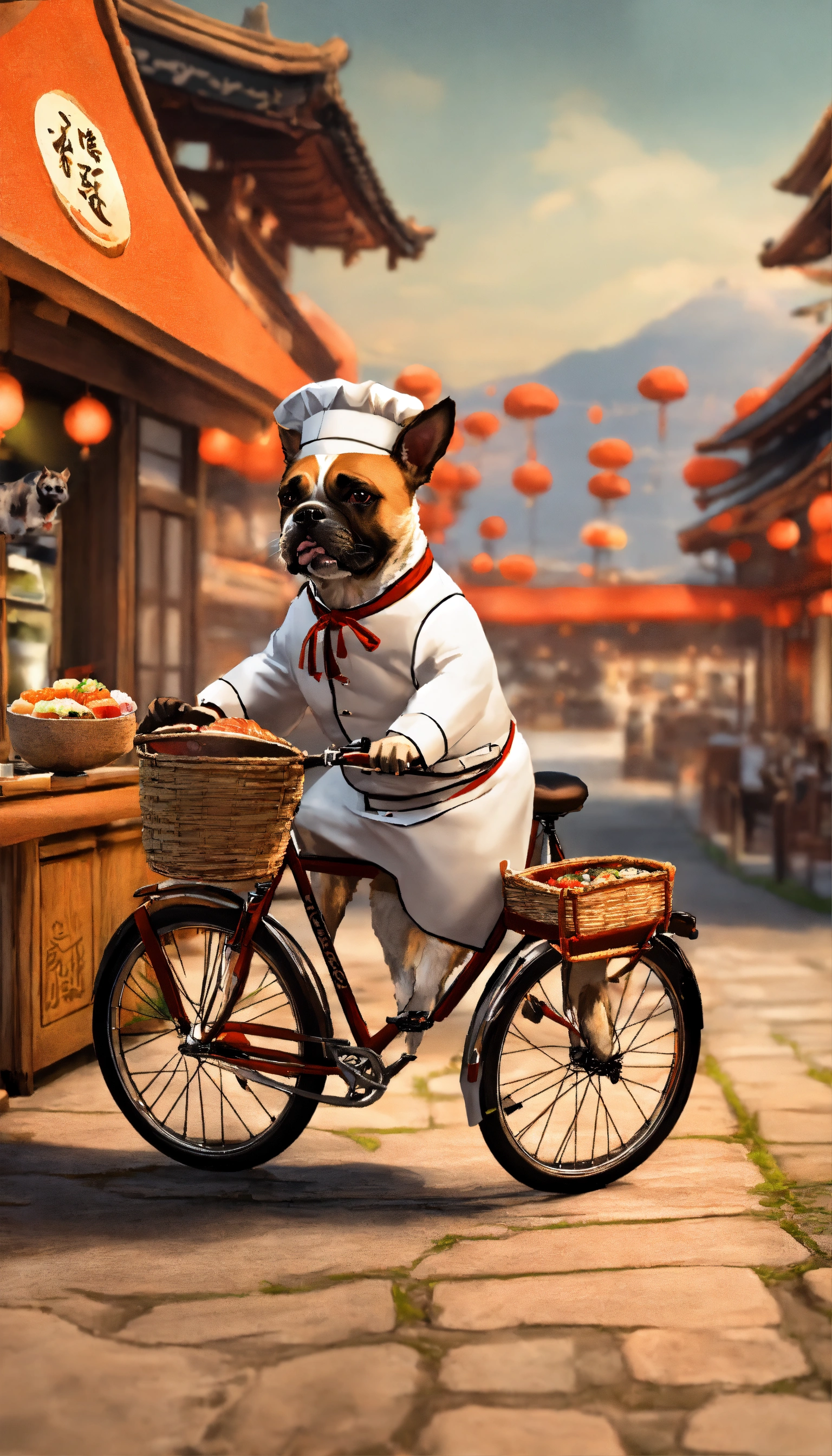Lexica - Generate an image of a dog riding a bicycle as a sushi chef ...