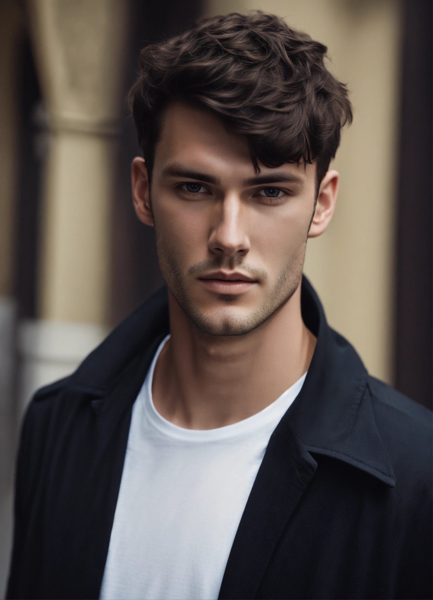Lexica - Male model bram valbrachtwith short dark hair looking into the ...