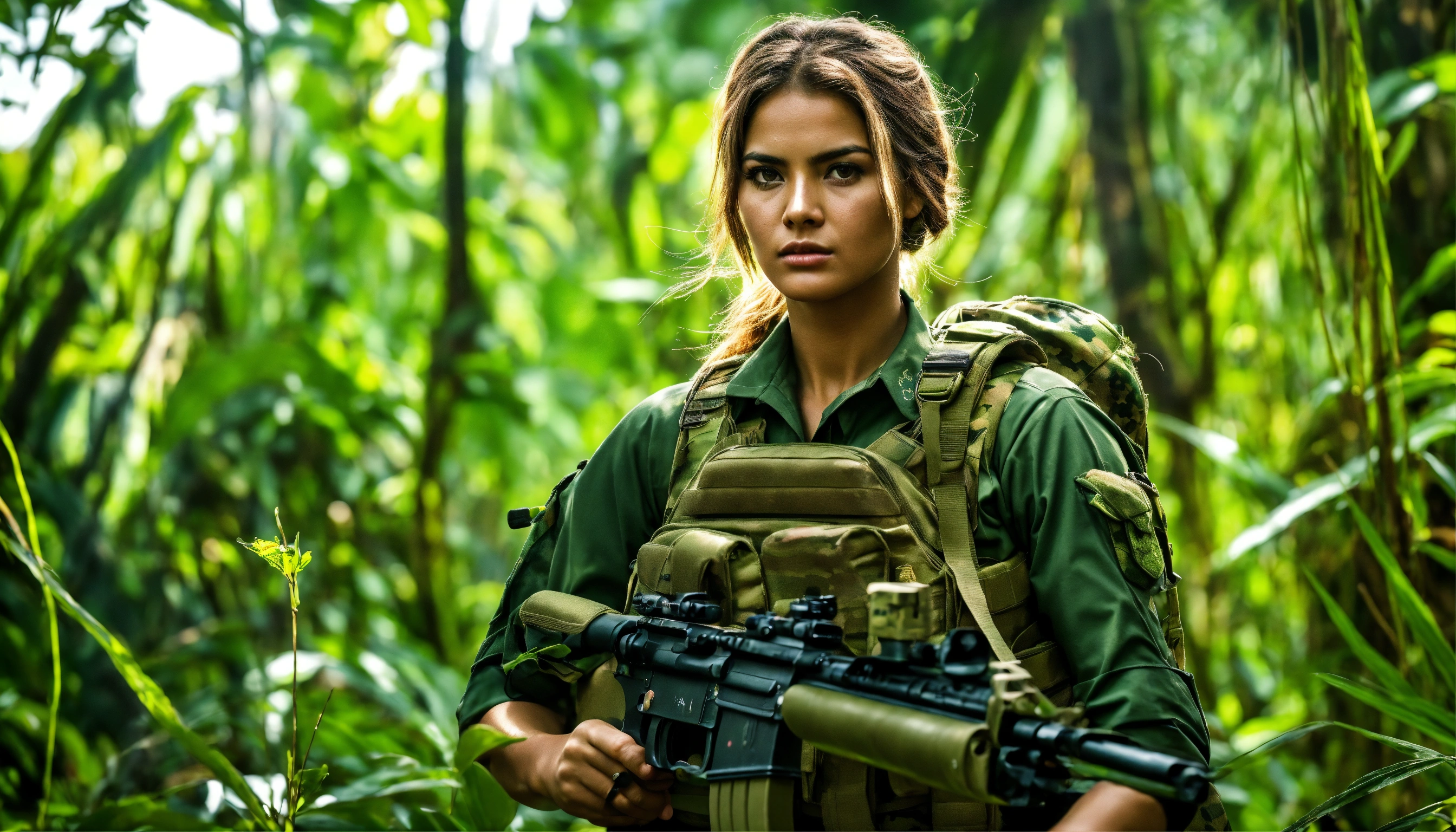 Lexica - Female commandos in jungle, perfect face, full camouflage, HDR ...