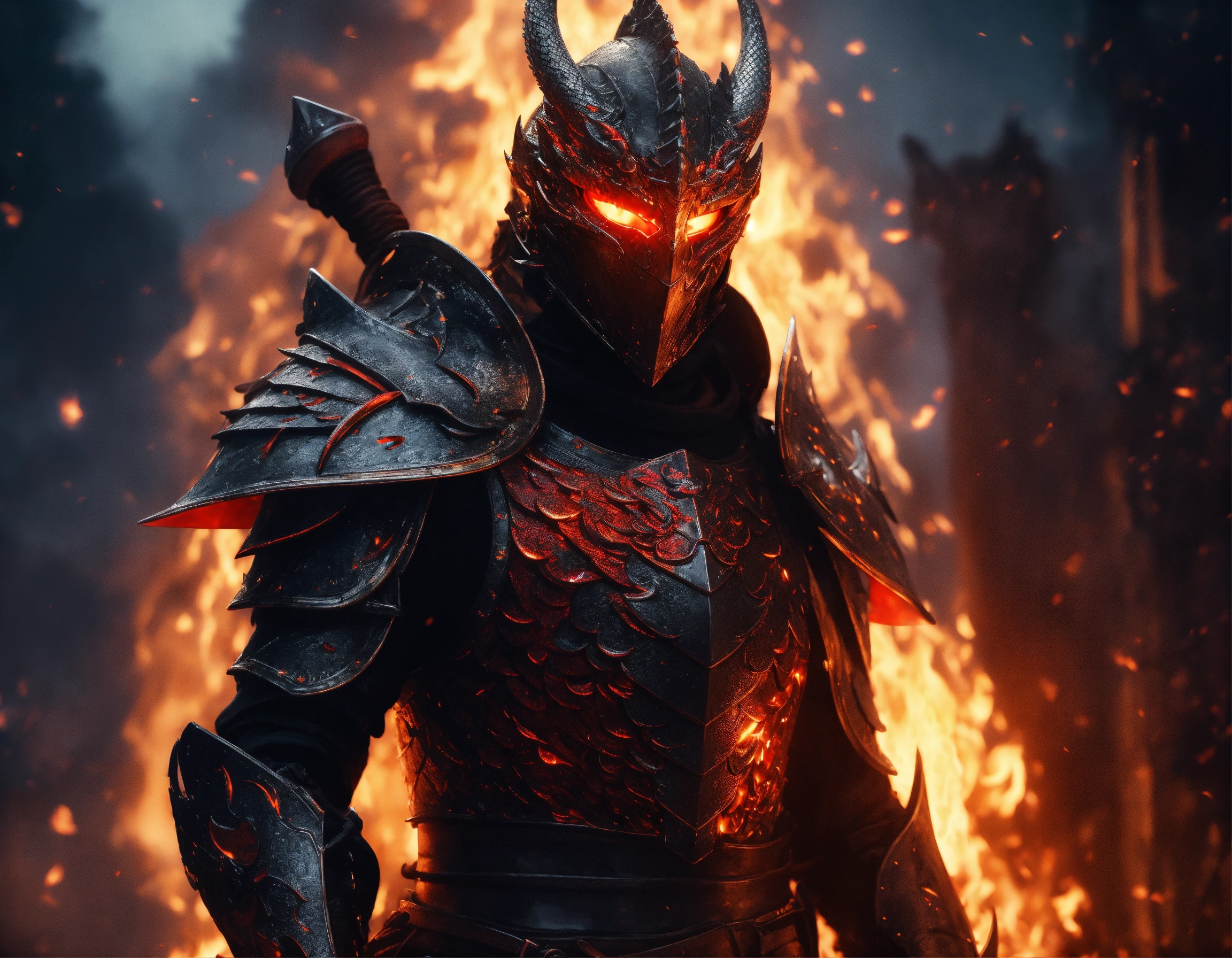 Lexica - Glowing red eyes knight with a black armor, the chest should ...