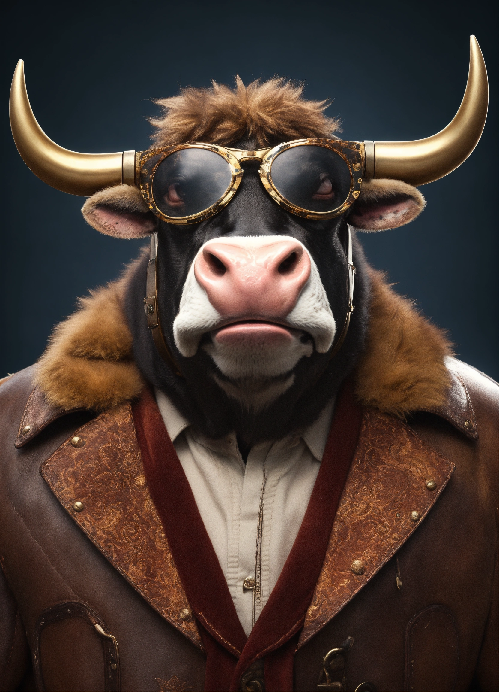 Lexica - Steampumk bull funny glasses 8k realistic, fur, funny, smiling ...