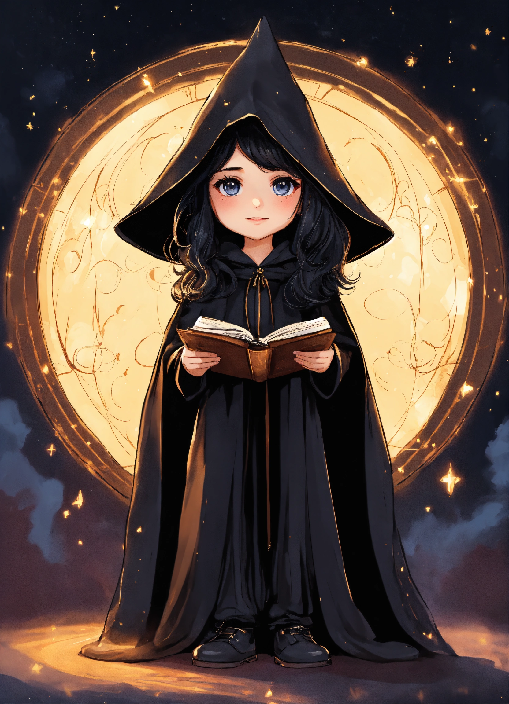 Lexica - A beautiful child wizard in a black cape and hood with long ...