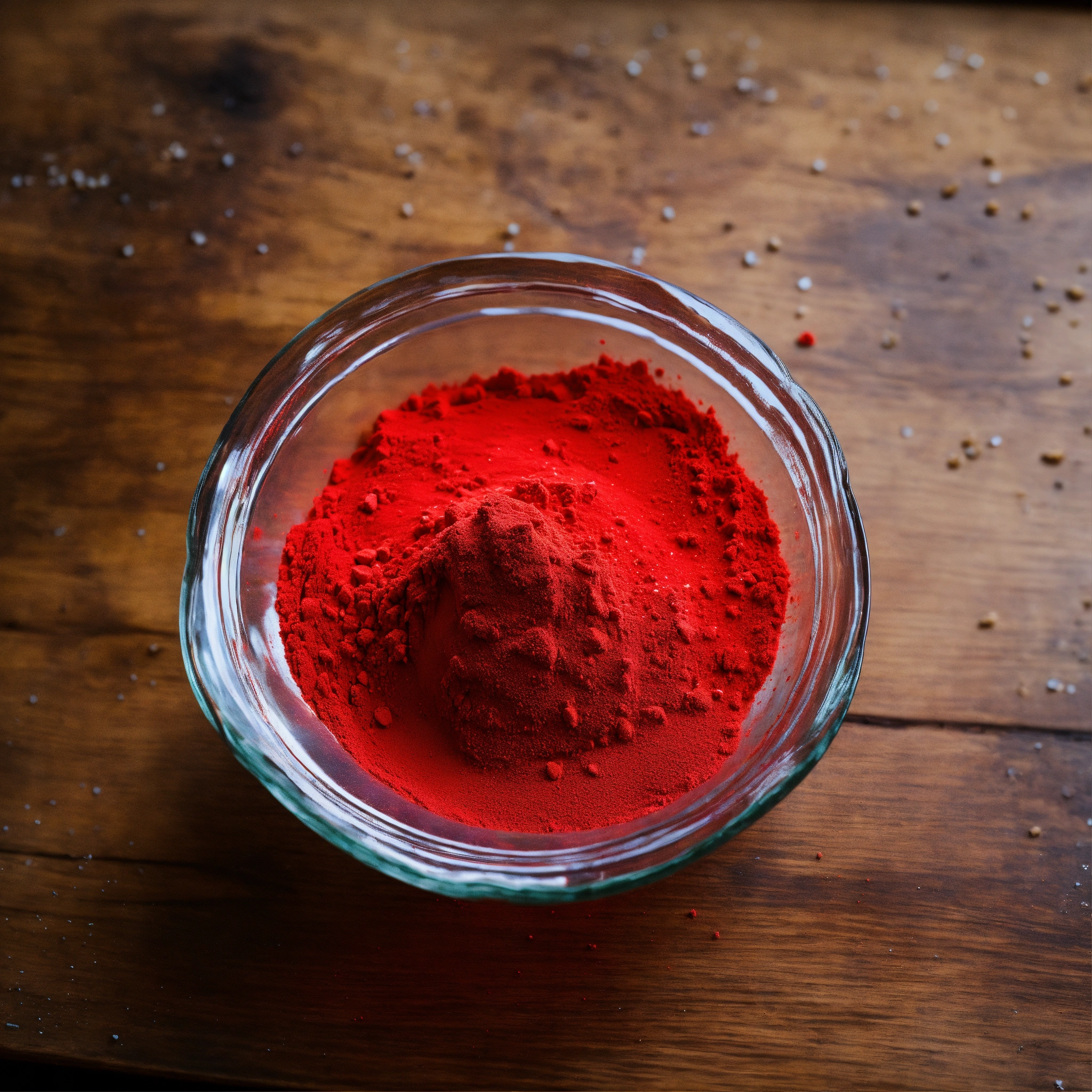 Lexica - Red crstal powder in a small glass bowl on a table