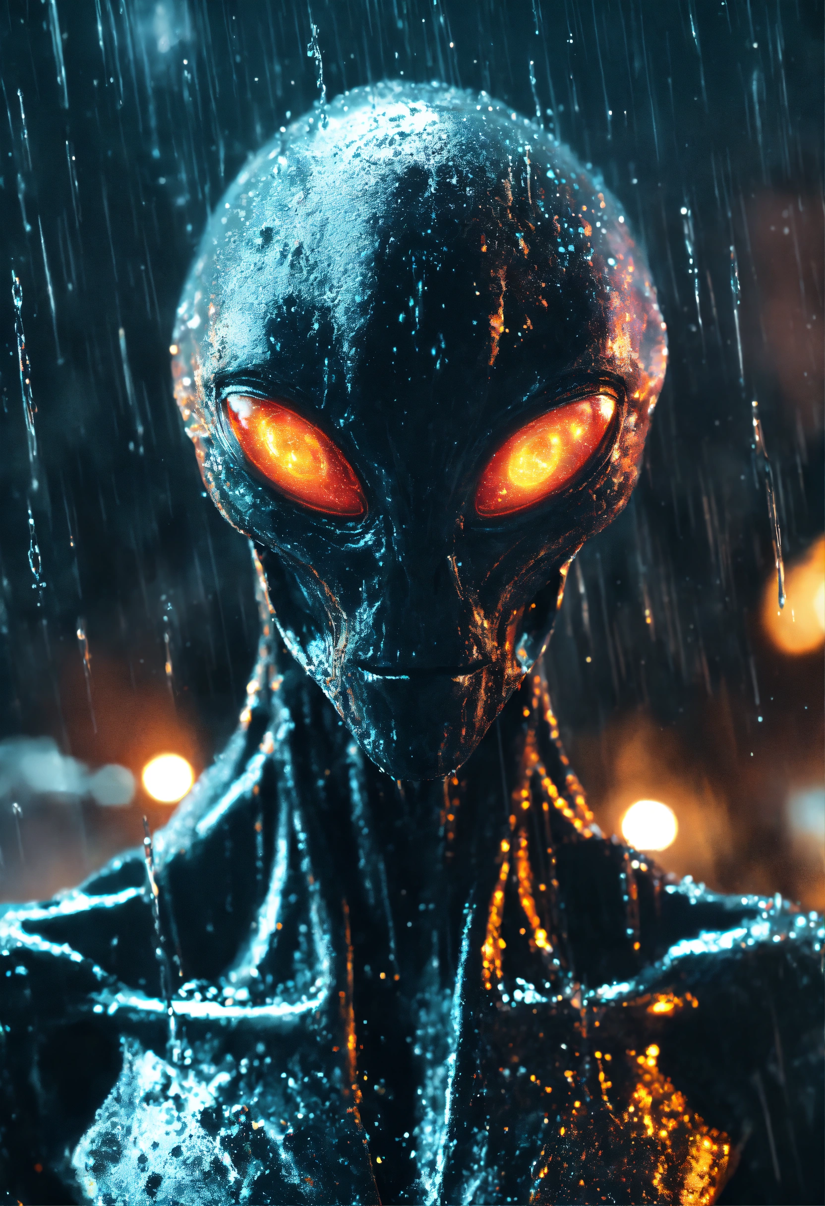 Lexica - An menacing alien with glowing eyes, in the pouring rain, in ...