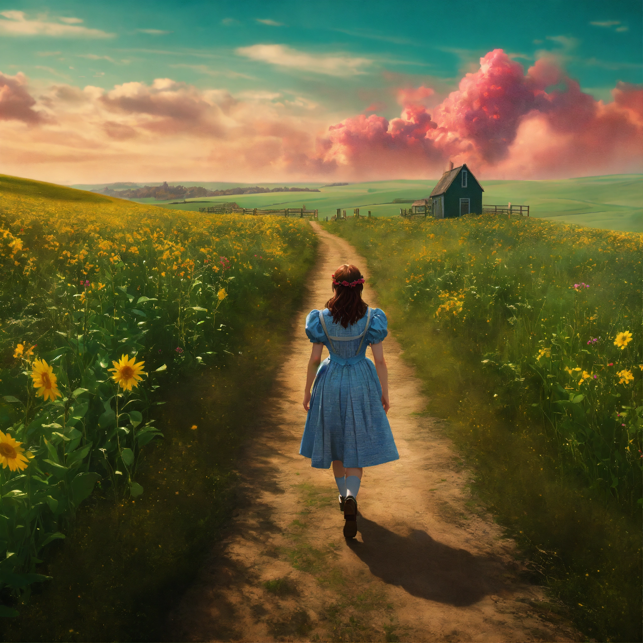 Lexica - A realistic photograph of Dorothy in The wizard of Oz walking ...