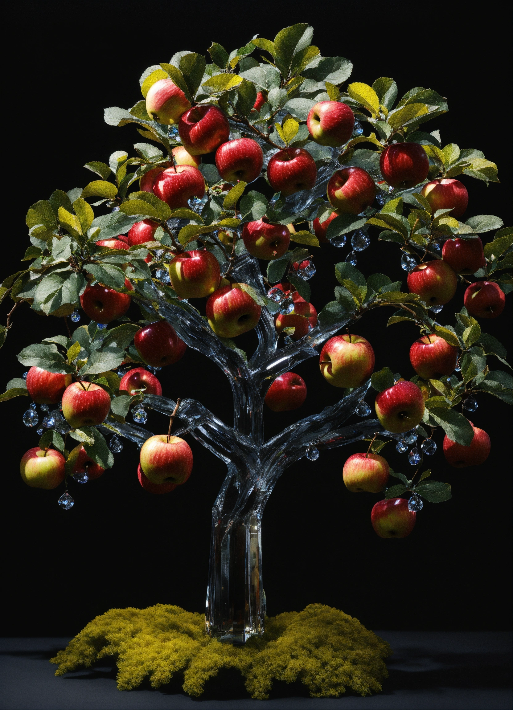 Lexica - Hyper realistic crystal apple tree with black background ...