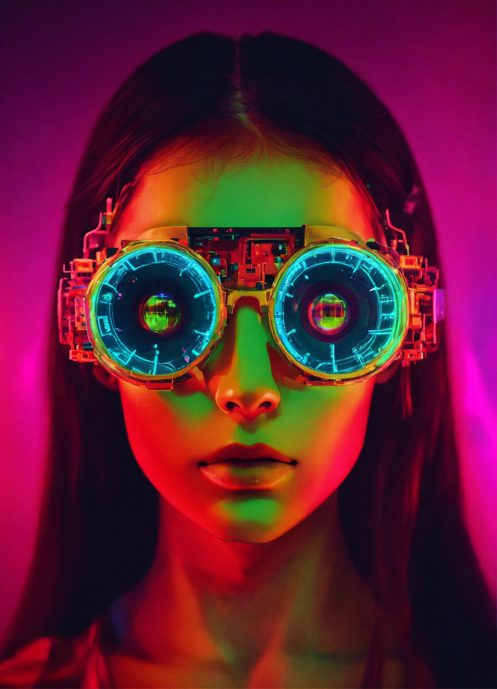 Lexica - Human face with computer vision gear in a neon vibes
