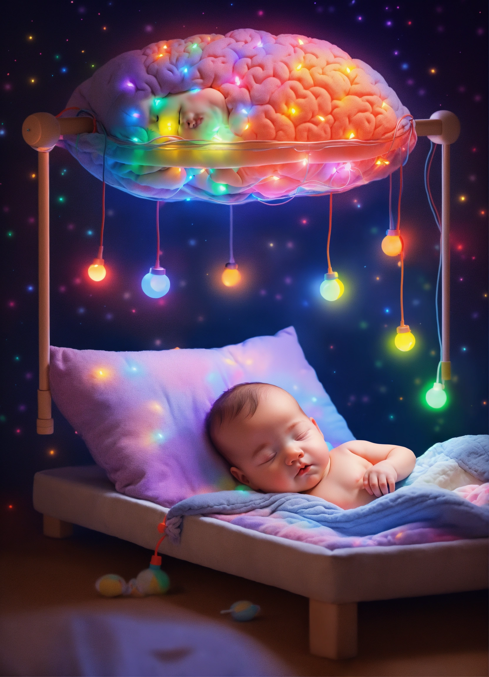 Lexica The baby sleeps on a pillow. Around him are colorful lights