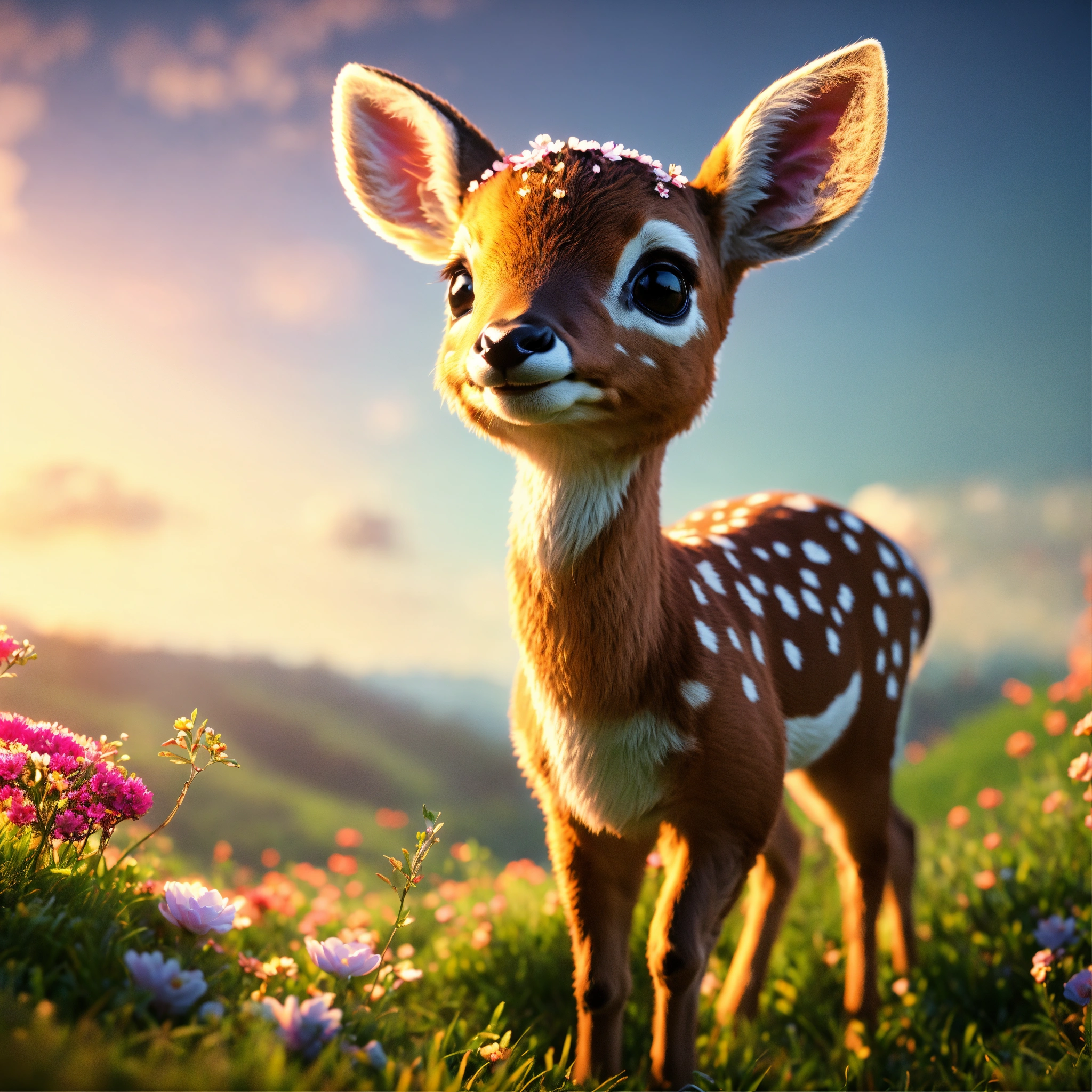 Lexica - Cute, happy, smiling, baby, deer, on top of grassy, flowers ...