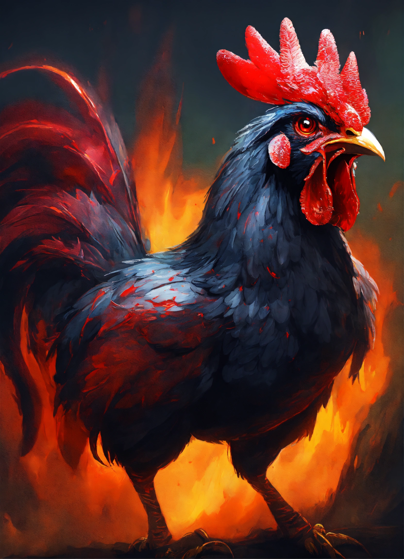 Lexica - A demonic chicken with red glowing eyes in an oil paint style
