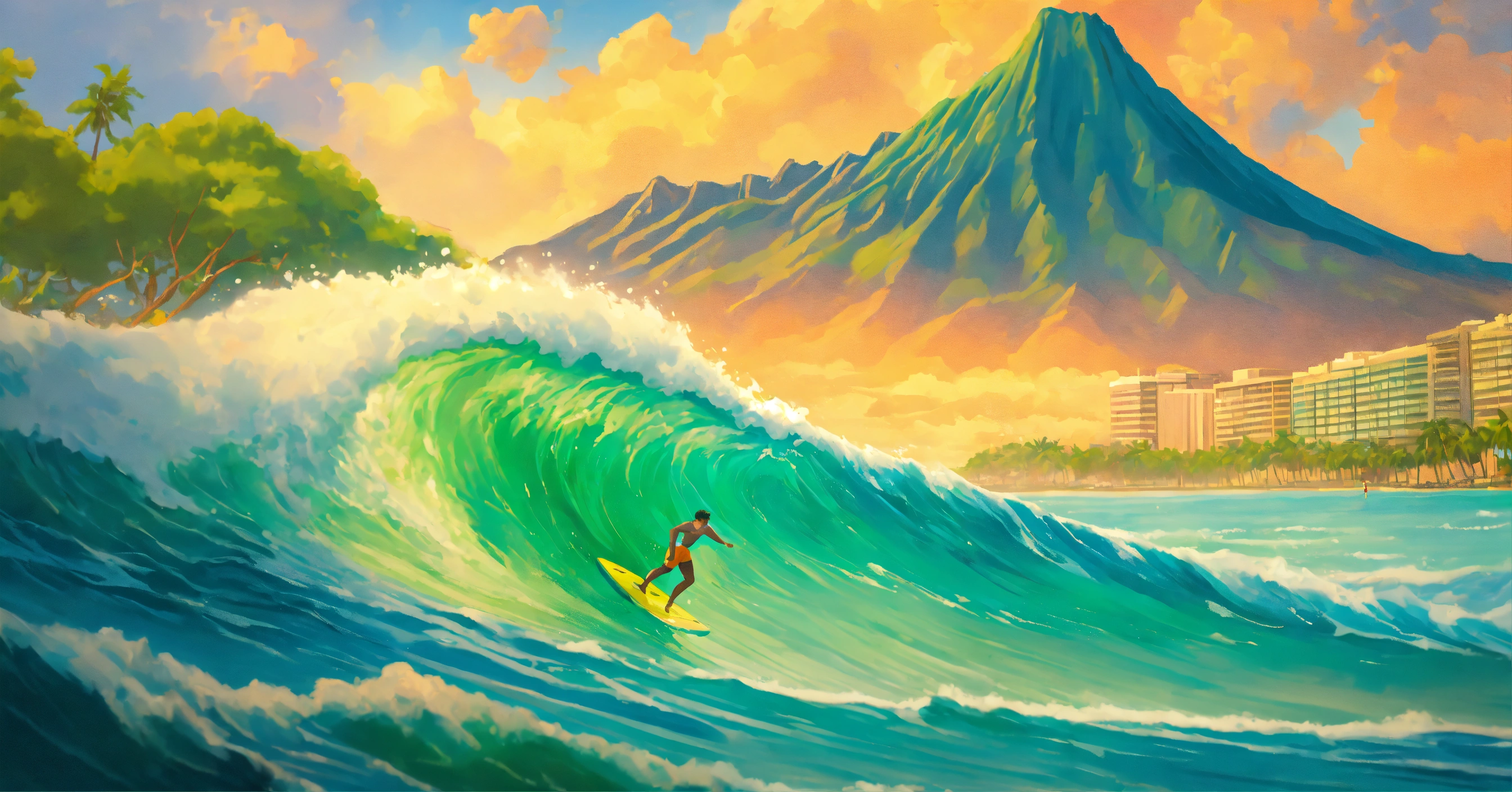 Lexica - Surfer riding a 6ft wave tube at Waikiki with Diamond head in ...