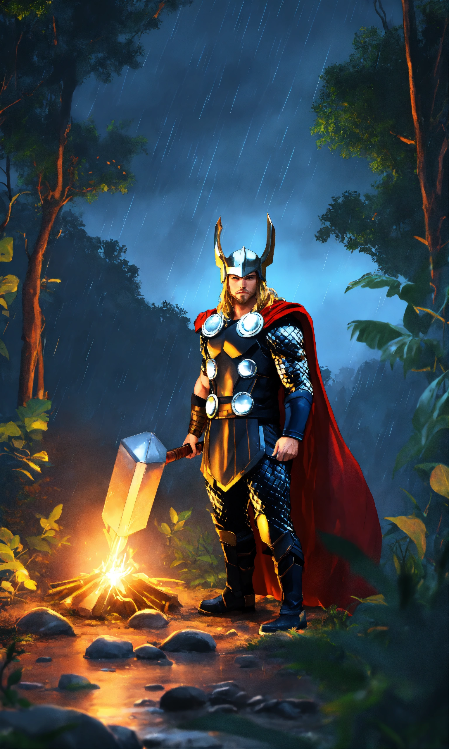 Lexica - Thor camping on a rainy day in the jungle at night, nature ...