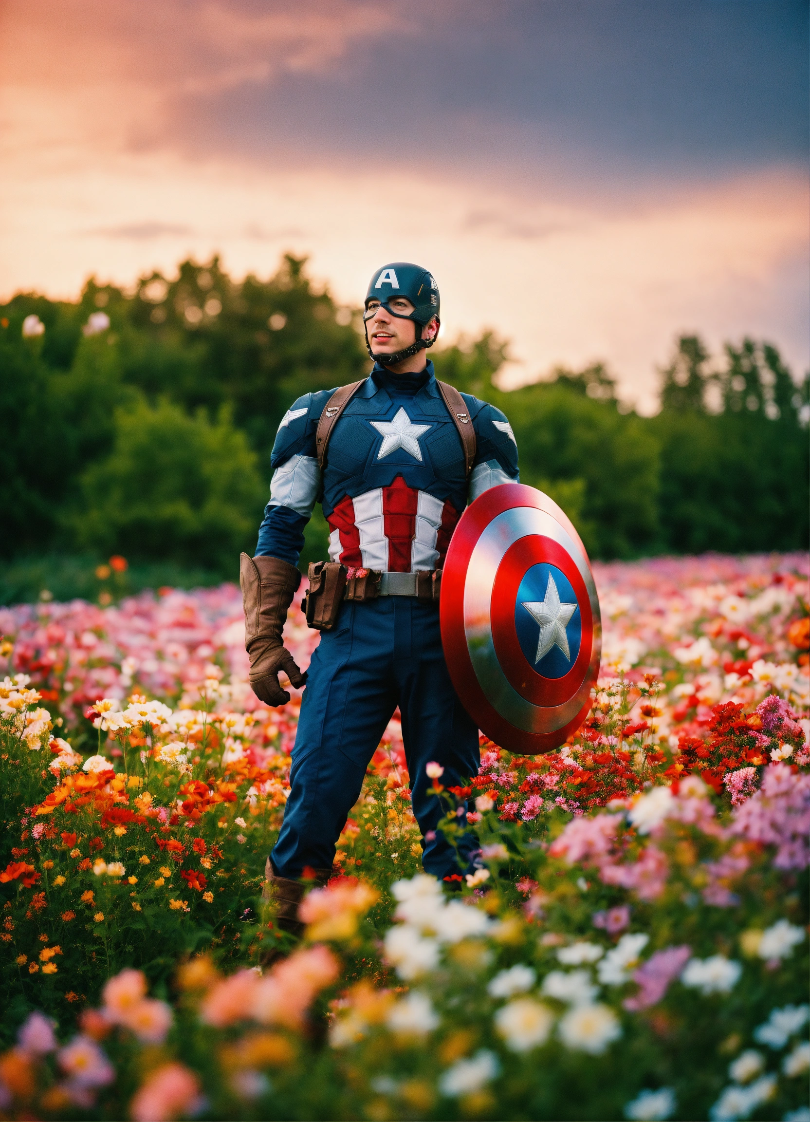 Lexica - Happy captain America standing in a beautiful field of flowers ...