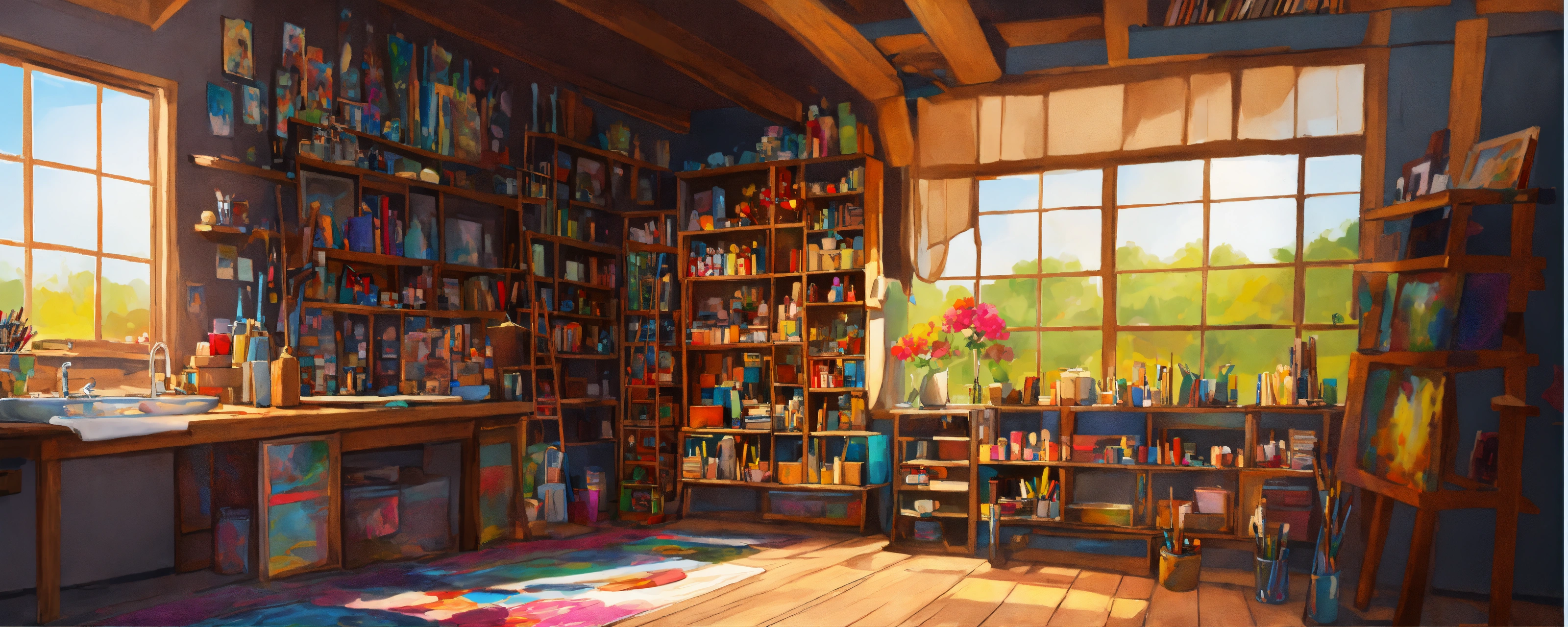 Lexica - Concept art of an art studio, paintings on a canvas, stacked ...