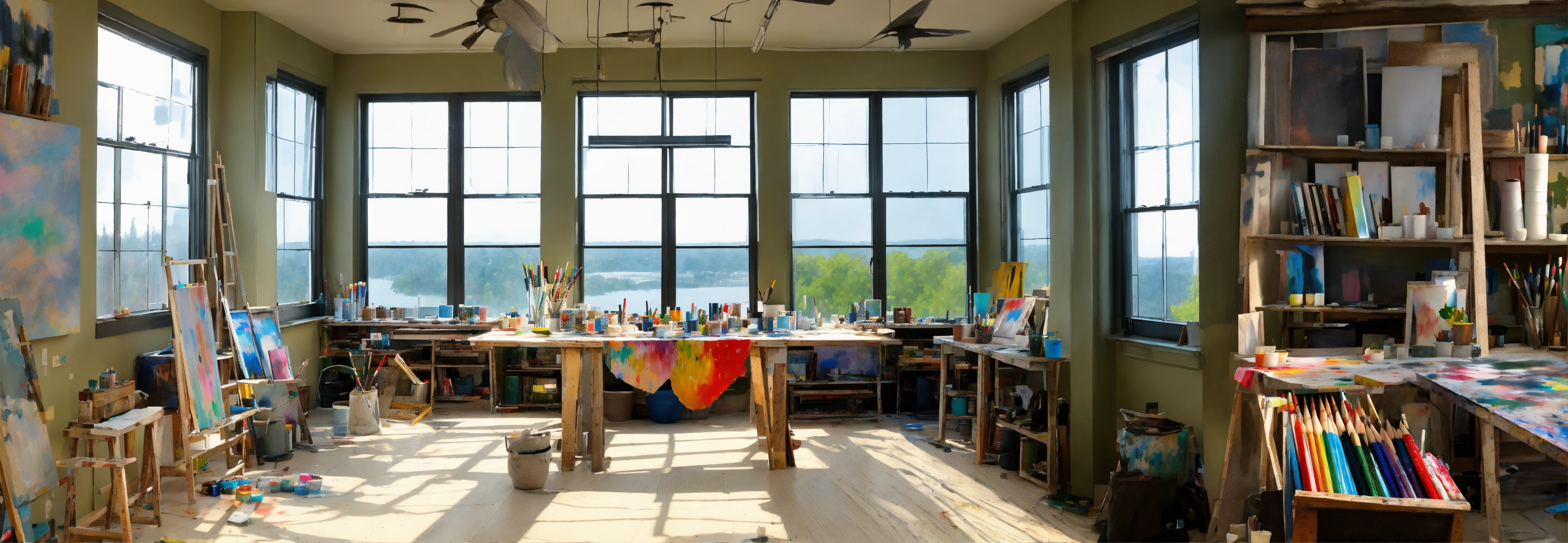 Lexica - Concept art of an art studio, paintings on a canvas, stacked ...