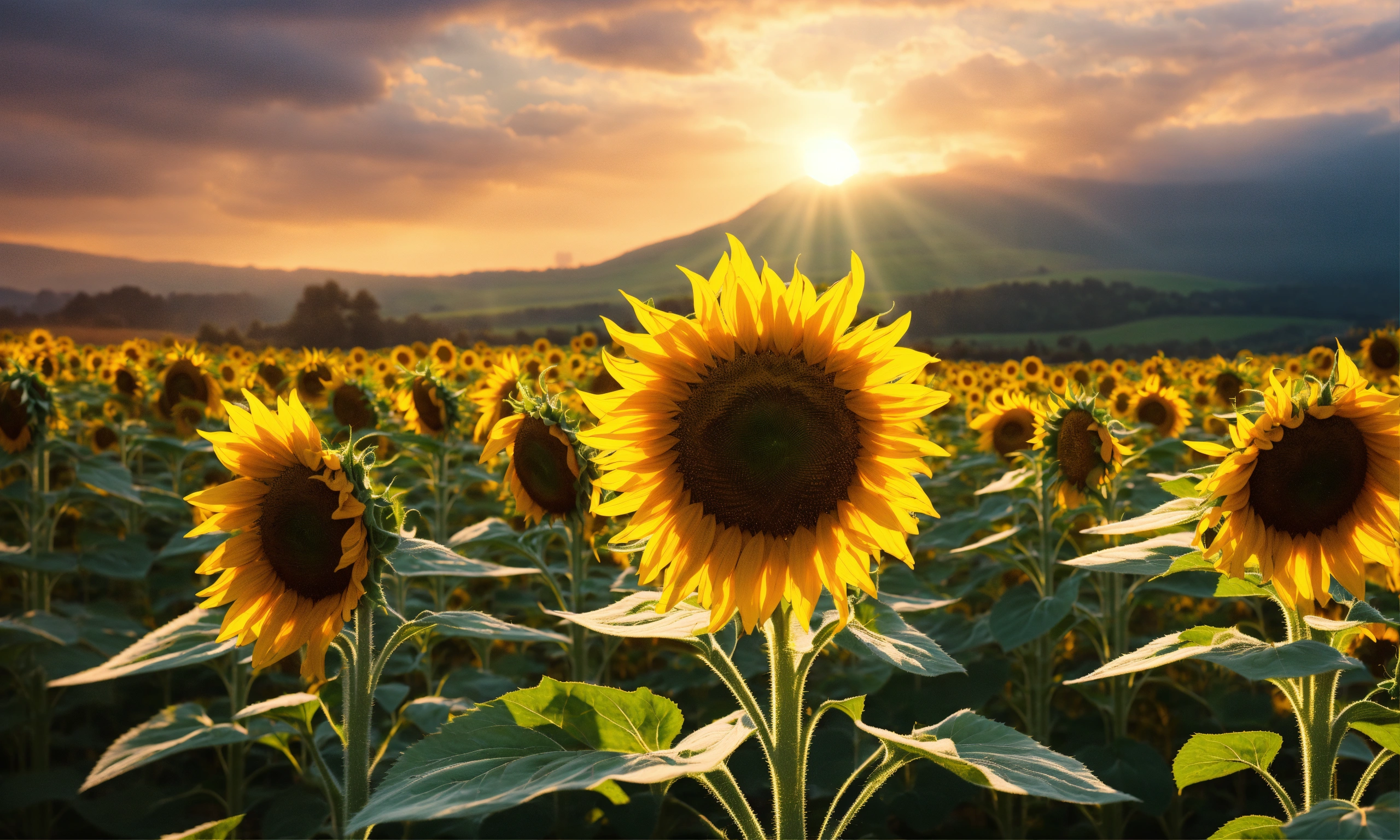 Lexica - Close up of sunflower field with rays of sunlight, lots of ...